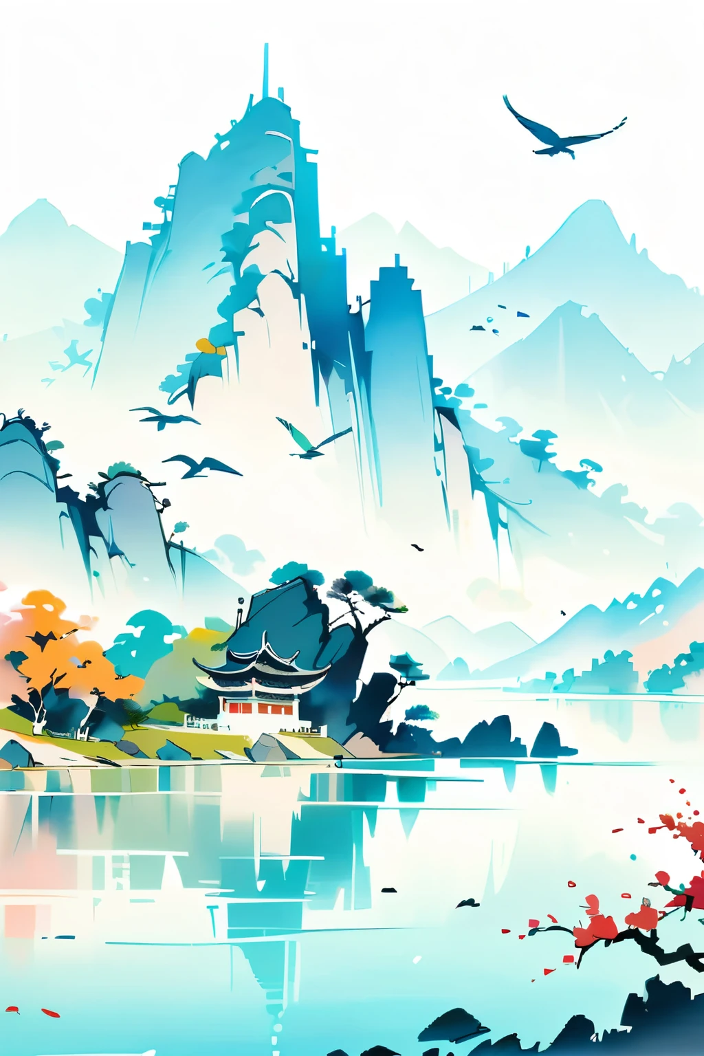 a painting of a mountain with a lake and pagodas in the background and birds flying around it