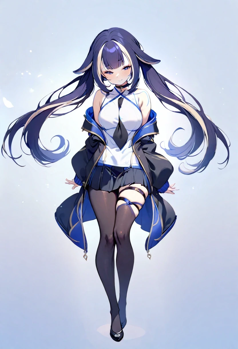 (((shy lily))),((masterpiece)), (best quality), alone, long hair, Double tail, AyameCasual, White shirt, sleeveless tops, black tie, black skirt, pleated skirt, Headbands, x hair accessories, black stockings, thigh strap, black jacket, open jacket, Off the shoulders, black collar,whole body