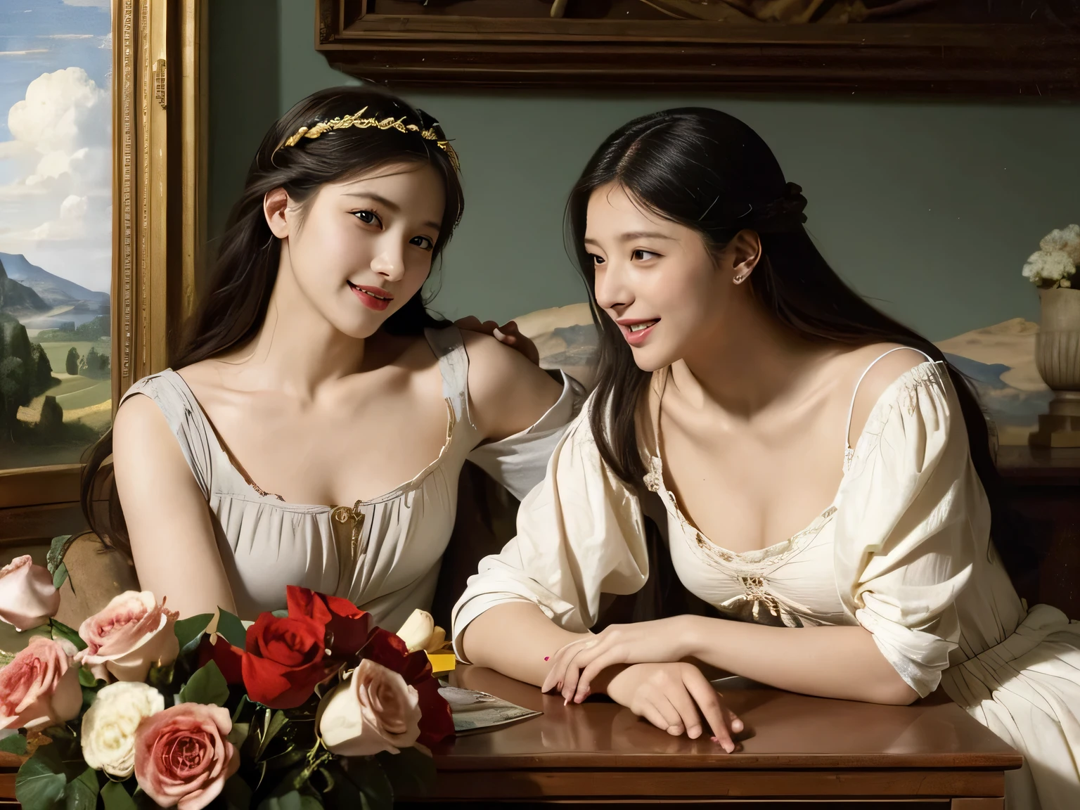 Giorgione painting style,Arguments of two female Philosophe,math、astronomical machine、astronaut、roses in vase、fruits、Cute trinkets、smile、ancient greek costume、Ancient Roman landscape in the style of Nicolas Poussin,laughter,,Sweet and seductive appearance.、Caravaggio's paintings、Chiaroscuro of Caravaggio、hair tousled by the wind,Two women frolicking,cute smile, expression of ecstasy,Sexy,erotic