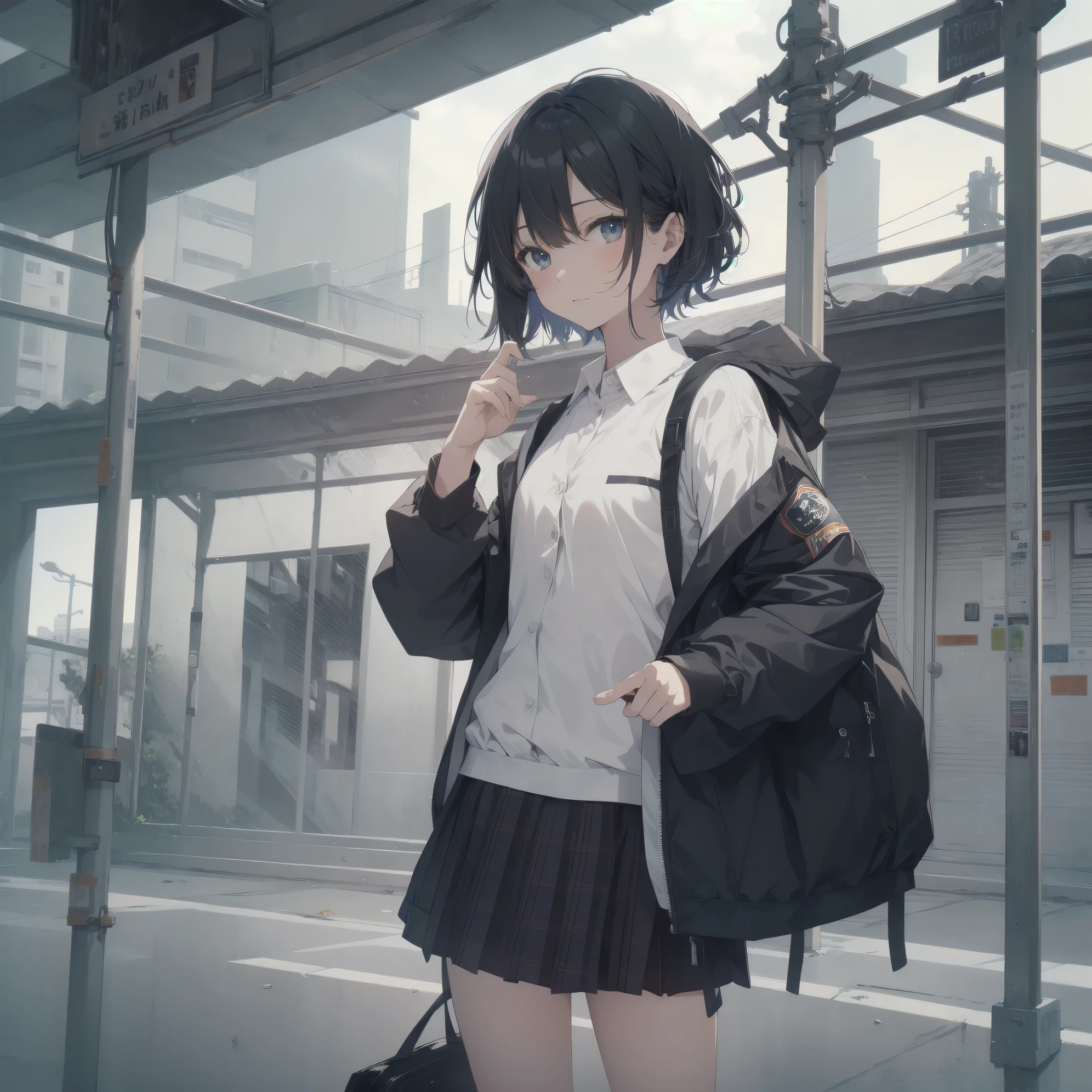 Super Absurd - Top Quality from the God of Art, Super detailed, High resolution, anime moe art style, best anime 8K konachan wallpaper, Pixiv contest winners, perfect anatomy,break, (眠そうにalone学校へ行く女の子を描いてください. )break,1 girl, (alone,little woman, :1.3),All limbs, full finger,, The charm of an immature body, (very_short hair), shortcut, Bang, flat chest, , small ass, between legs, small black eyes, detailed and beautiful eyes, Well-proportioned iris and pupils, expressive eyes, High resolutionの詳細な髪, expressive, neck ribbon, shirt, collared shirt, skirt, pleated skirt, , (detailed lighting), (detailed background), On the way to school. break,super dense skin, Best cinematic lighting powered by famous artist, 8K,Beauty Illustration,photoshop_(Moderate),Absurd Hi-Res,UHD,rough skin,break,((artist:imigimuru)), artist:Fujichoko,artist:Fujiyama,artist:hanekoto