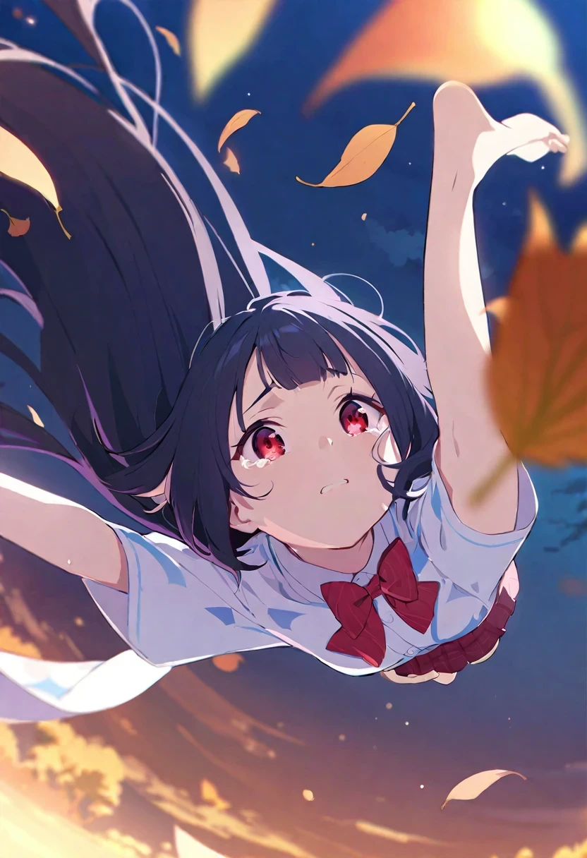 (((shy lily))),{{on the table}}, {{{best quality}}}, {{super detailed}}, {{{{whole body}}}}, {despair}, tears, cry, {{{{{come down from the sky}}}}}, {{weather girl}}, {{{{shameful sentences}}}}, {{{whole body}}}, {illustration}, {a girl}, {{come down}}, tears, {{towards the sky}}, {hair flying}, { { illustration}}, {{messy hair}}, Anime screenshots, {{frills}}, {a girl}, short sleeves, floating, Exquisite and weird details, The eye details are exquisite, overexposed, Poker face, black hair, short hair, Red eyes, Side valley bangs, hair between eyes, bow ribbon, a bow tie, button, absolute style, barefoot, {{{small breasts}}}, detailed clothing, eyes straight, flying autumn leaves