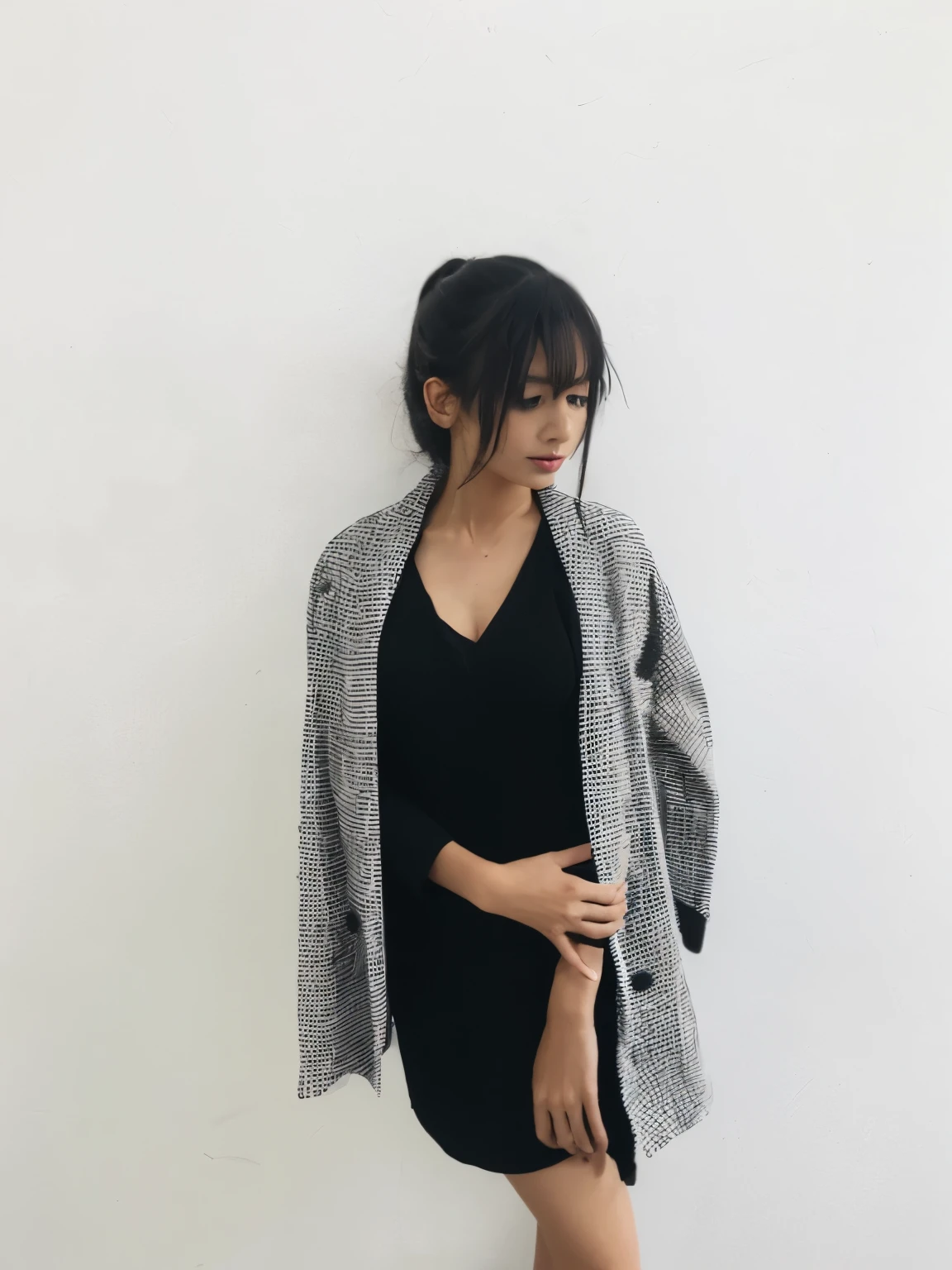 one Japanese model , hair model, Unique hair details, beautiful girl , black dress, realistic portrait , wearing a jacket