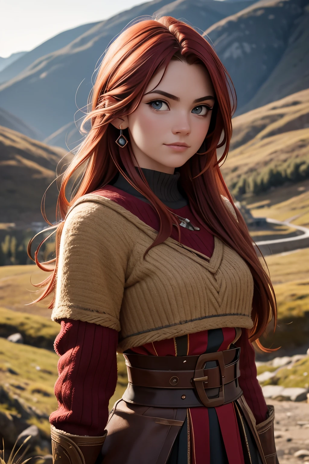 [Retrato de cuerpo entero] [Nordic fashion model aged 18-23]  [color de cabello rojo] [vestido como un estilo vikingo de guerreros] [Happy expression on face] [Photo taken in a mountainous and spring landscape] [type of illumination: natural  lighting], extremadamente realista, 8k, detalles locos, detalles intrincados, bellamente graduado de color, Color Grading, Cinematographer editorial, Cinematographer, bokeh, tomada con una lente de 60 mm, ISO 300, f / 4, 1/200th