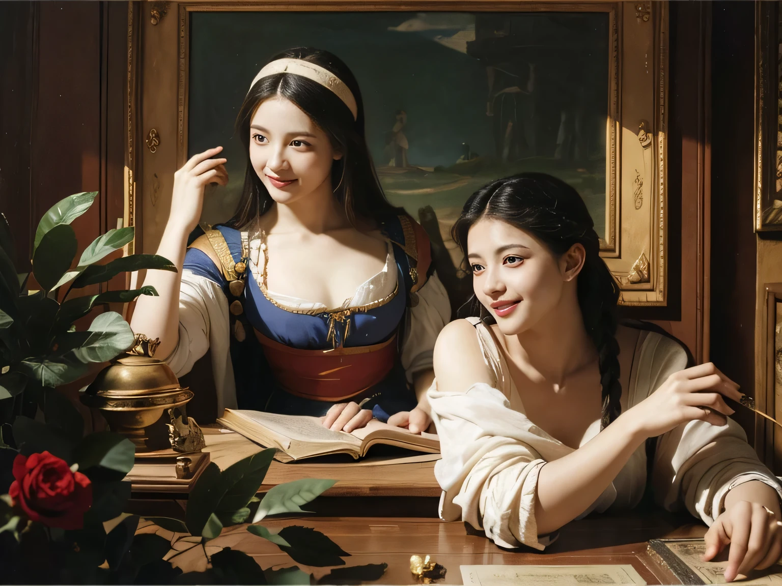 Giorgione painting style,Arguments of two female Philosophe,math、astronomical machine、astronaut、roses in vase、fruits、Cute trinkets、smile、ancient greek costume、Ancient Roman landscape in the style of Nicolas Poussin,laughter,,Sweet and seductive appearance.、Caravaggio's paintings、Chiaroscuro of Caravaggio、hair tousled by the wind,Two women frolicking,cute smile, expression of ecstasy,Sexy,erotic