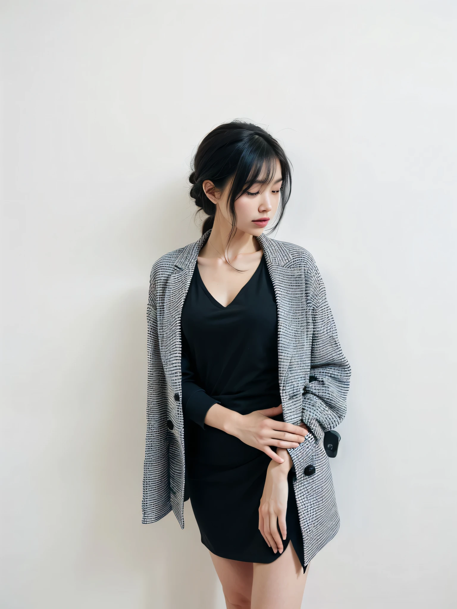 there is a woman standing against a wall wearing a black dress and a gray jacket, simple minimal, wearing jacket, slightly minimal, casual pose, grey jacket, open jacket, profile shot, girl in suit, profile pose, long black jacket, wearing a blazer, inspired by Mattise, portrait full body, inspired by Ingrida Kadaka