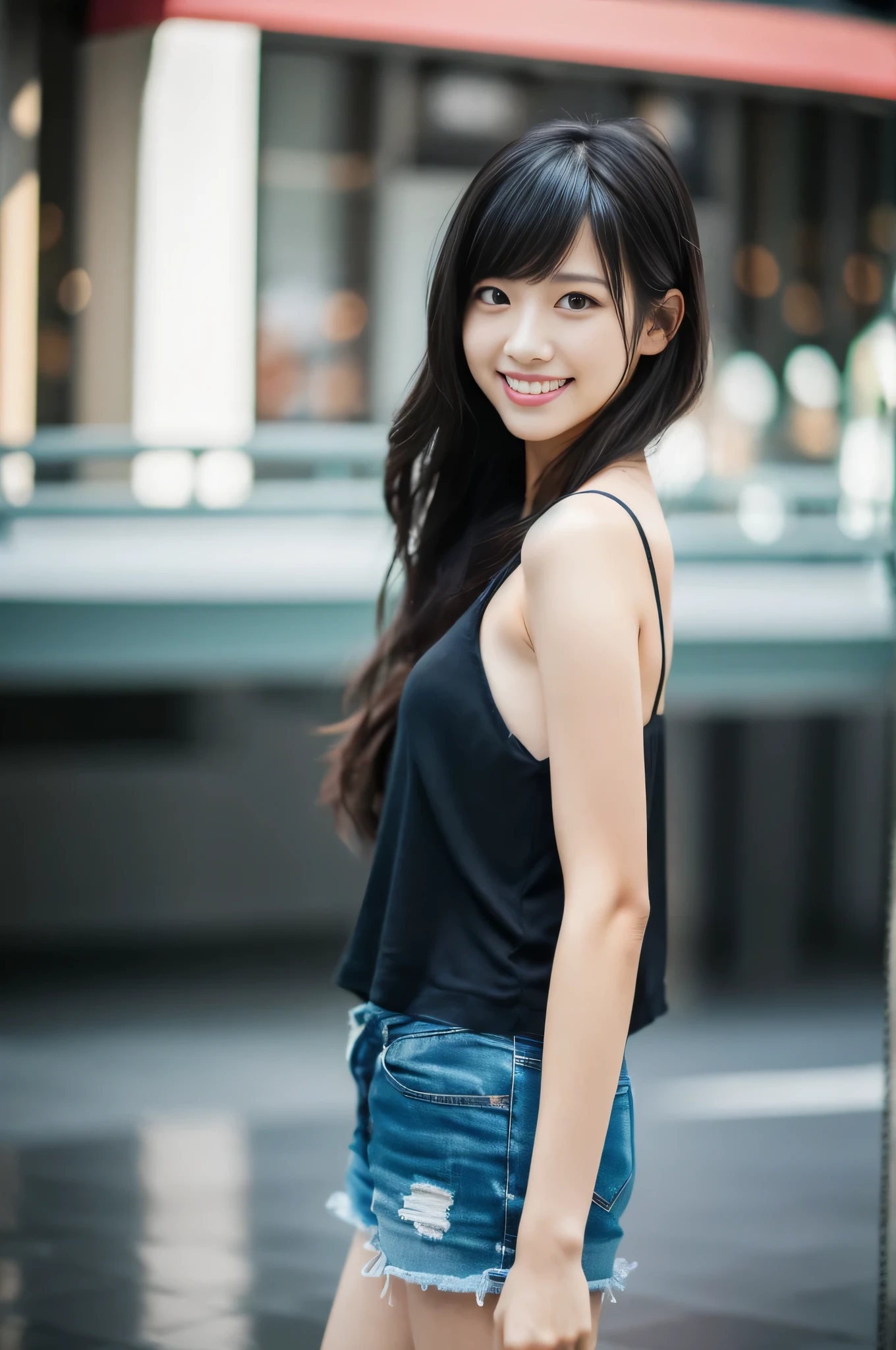 highest quality,masterpiece,32k,Depth of the bounds written、blur background、50mm,F1.4,professional lighting,cinematic lighting,full body,thin,きれいなDay本人女性,25 year old girl,Are standing,city,Wind,Day,shoulder length hair,black hair,Wet,tank top shorts,smile,