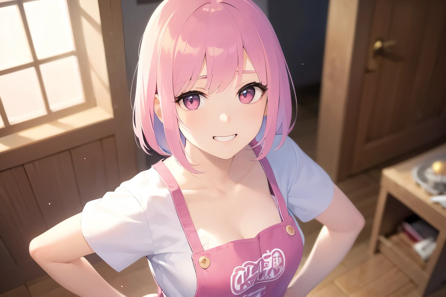 hands on hips、looking up, shooting from above、Upper body is shown、Realistic, real person, RAW photo, photorealistic, portrait photography, shiny skin, japanese idol、pink hair、bob cut hair with bangs、20 year old woman with pink eyes、evil grin, Alone、(white:1.2) and (T-shirt) and (pink apron), The background is the living room、Are standing、cooking