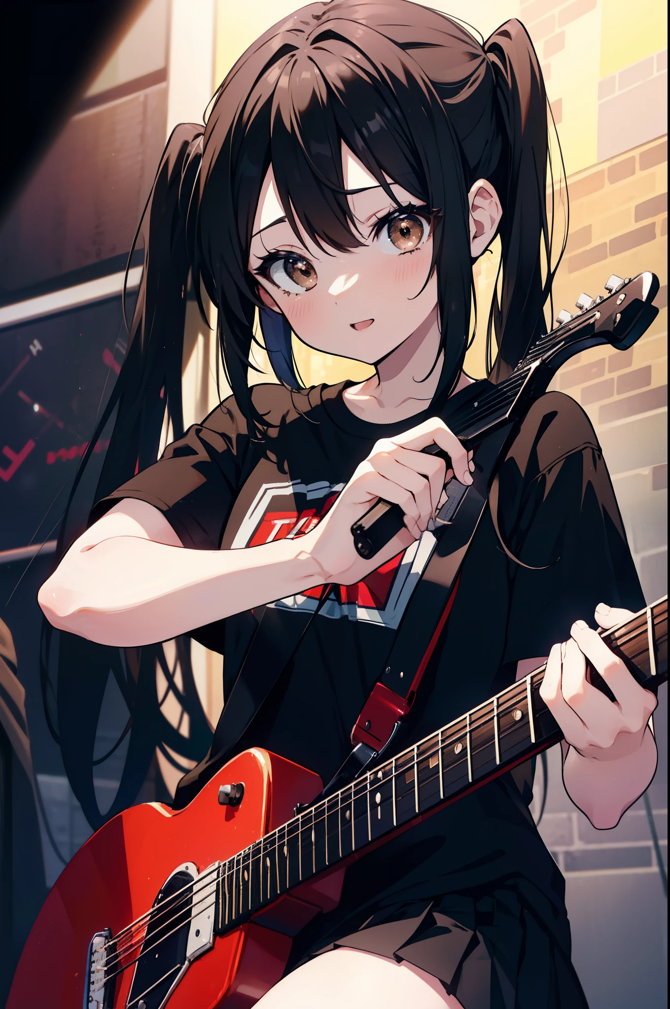 azusa nakano, nakano azusa, (black hair:1.5), (brown eyes:1.7), smile,long hair, twin tails,small breasts, black t-shirt,pleated skirt, break (table top:1.2), (masterpiece:1.2), highest quality, High resolution, unity 8k wallpaper, (shape:0.8), (beautiful and detailed eyes:1.6), highly detailed face, perfect lighting, Very detailed CG, (perfect hands, perfect anatomy),rock band concert, musical instrument performance, stage performance, hot air,happy atmosphere,スタンドマイクの前でguitarをを弾きながら熱唱,guitar(red mustang),sweat on forehead,汗ばんだblack t-shirt,open your mouth and sing,