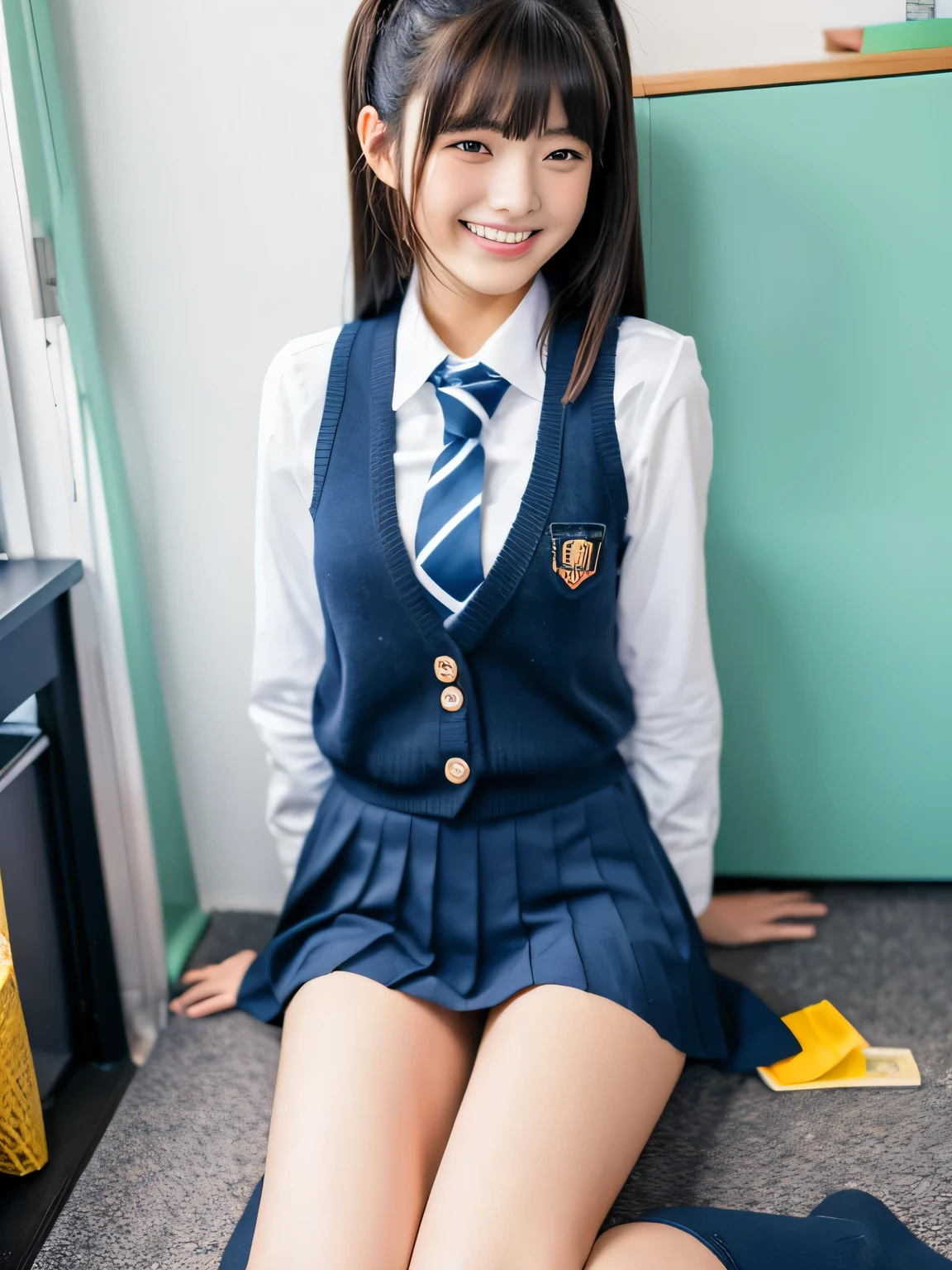 (masterpiece:1.2), super high quality, japanese girl, (Super realistic), (Super Photo Style), 1 girl, sexy 18 year old girl, slender body, thin thighs, (school uniform), in her room, fashionable hairstyles, laughter, dark blue socks, white wall,