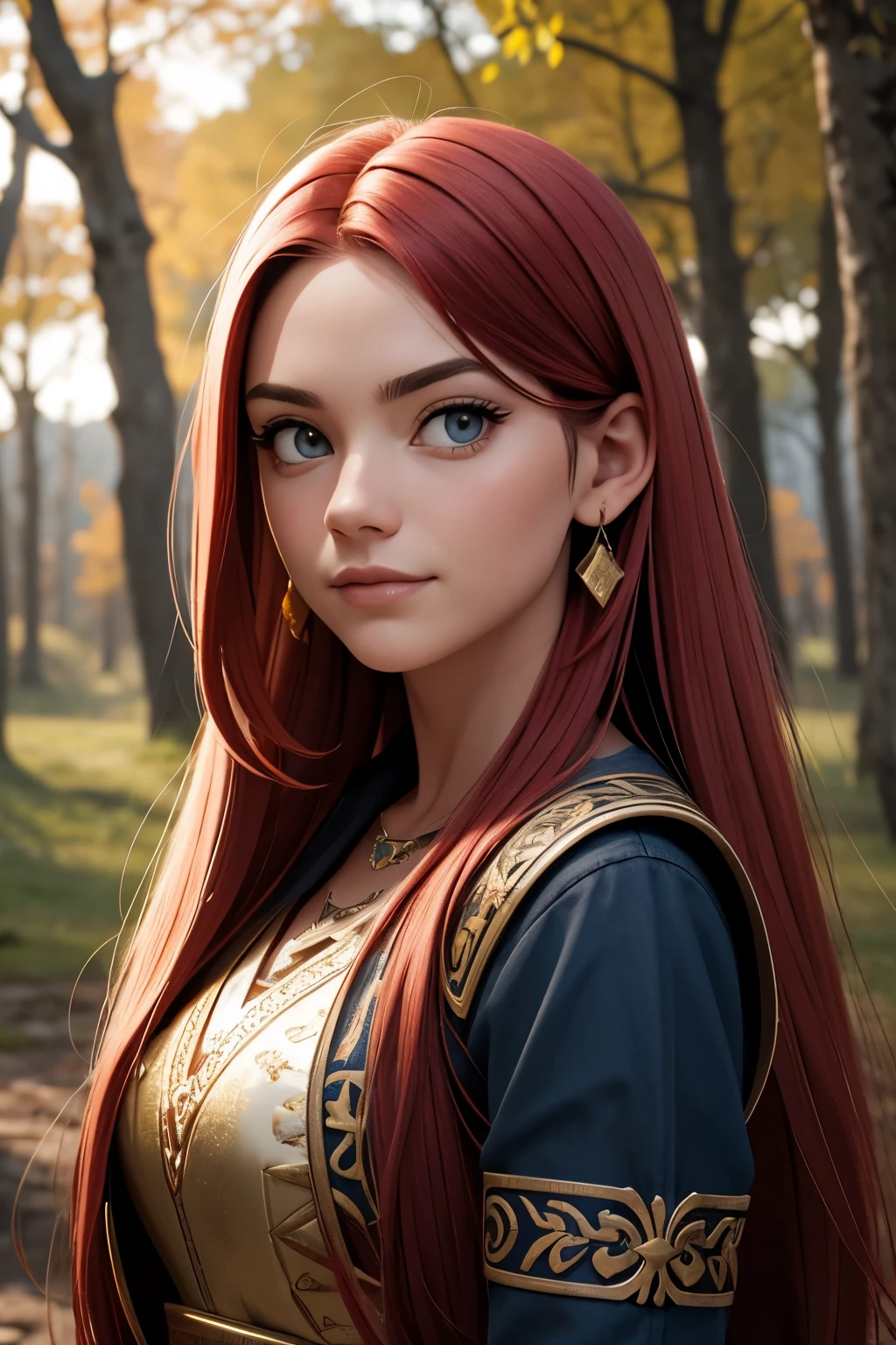 [Retrato de cuerpo entero] [Nordic fashion model aged 18-23]  [color de cabello rojo] [vestido como un estilo vikingo de guerreros]  [espada] [Happy expression on face] [Paisaje de bosque y primavera] [type of illumination: natural  lighting], extremadamente realista, 8k, detalles locos, detalles intrincados, bellamente graduado de color, Color Grading, Cinematographer editorial, Cinematographer, bokeh, tomada con una lente de 60 mm, ISO 300, f / 4, 1/200th