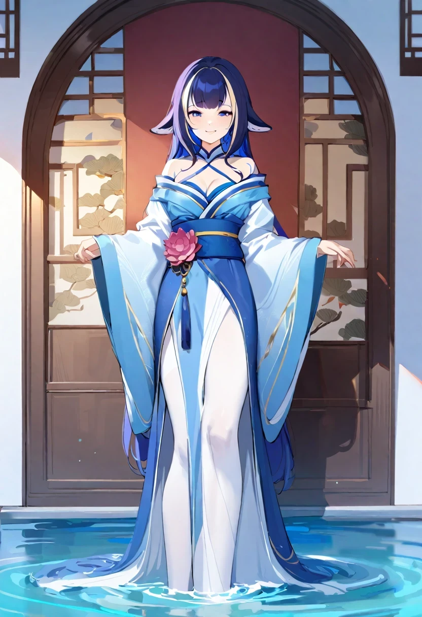 (((shy lily))),((4K,masterpiece,best quality)), Ink Bismuth, traditional Chinese painting, lotus, hanfu, maxis kit, Dress conservatively 1girl, alone, long blue hair, smiling, permanent, feet in water, white pantyhose，