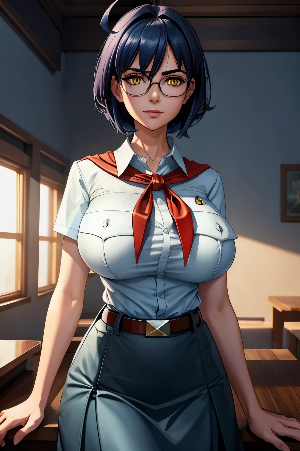 dark blue hair, short disheveled hair, (huge ahoge:1.3), raised eyebrows, sparkling eyes, yellow eyes, evil smile, atmospheric perspective, anime style, cinematic lighting, glowing light, Wide-Angle, 8k, best quality, masterpiece, high details, high quality, slim and fit young girl, perfect huge bursting breast, slim waist, pioneer neckerchief, blue micro skirt, bangs, white bursting on breast very thight shirt, short sleeves, collared shirt, belt, eyelashes, red neckerchief, breast pocket, milfication, (rectangular glasses without upper arm:1.2)