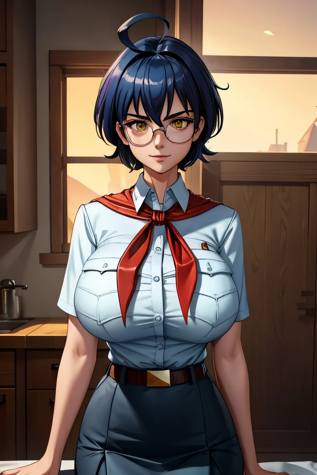 dark blue hair, short disheveled hair, (huge ahoge:1.3), raised eyebrows, sparkling eyes, yellow eyes, evil smile, atmospheric perspective, anime style, cinematic lighting, glowing light, Wide-Angle, 8k, best quality, masterpiece, high details, high quality, slim and fit young girl, perfect huge bursting breast, slim waist, pioneer neckerchief, blue micro skirt, bangs, white bursting on breast very thight shirt, short sleeves, collared shirt, belt, eyelashes, red neckerchief, breast pocket, milfication, (rectangular glasses without upper arm:1.2)