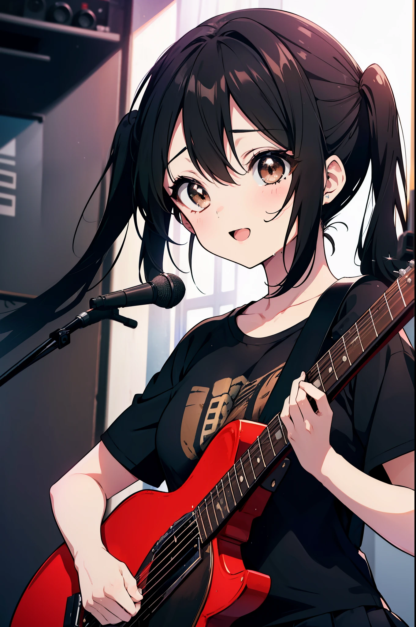 azusa nakano, nakano azusa, (black hair:1.5), (brown eyes:1.7), smile,long hair, twin tails,small breasts, black t-shirt,pleated skirt, break (table top:1.2), (masterpiece:1.2), highest quality, High resolution, unity 8k wallpaper, (shape:0.8), (beautiful and detailed eyes:1.6), highly detailed face, perfect lighting, Very detailed CG, (perfect hands, perfect anatomy),rock band concert, musical instrument performance, stage performance, hot air,happy atmosphere,スタンドマイクの前でguitarをを弾きながら熱唱,guitar(red mustang),sweat on forehead,汗ばんだblack t-shirt,open your mouth and sing,