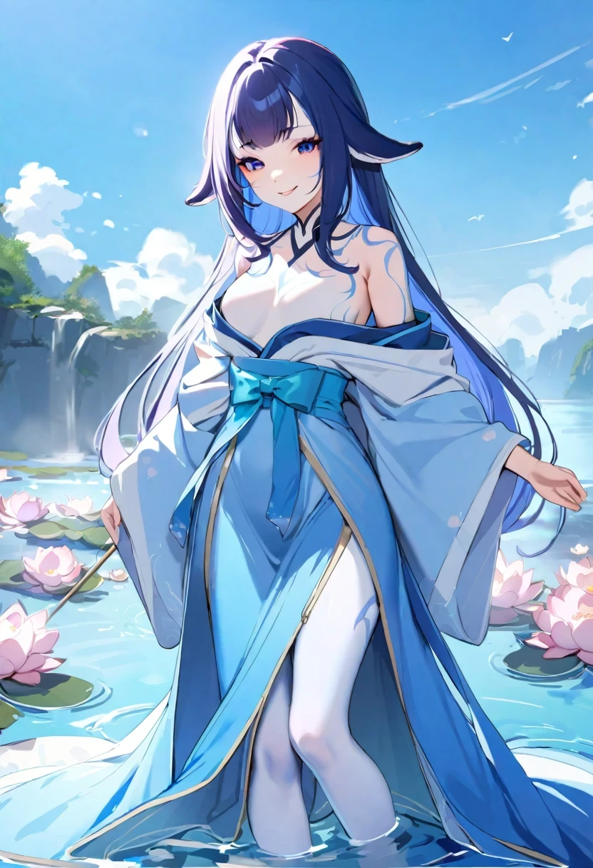 (((shy lily))),((4K,masterpiece,best quality)), Ink Bismuth, traditional Chinese painting, lotus, hanfu, maxis kit, Dress conservatively 1girl, alone, long blue hair, smiling, permanent, feet in water, white pantyhose,