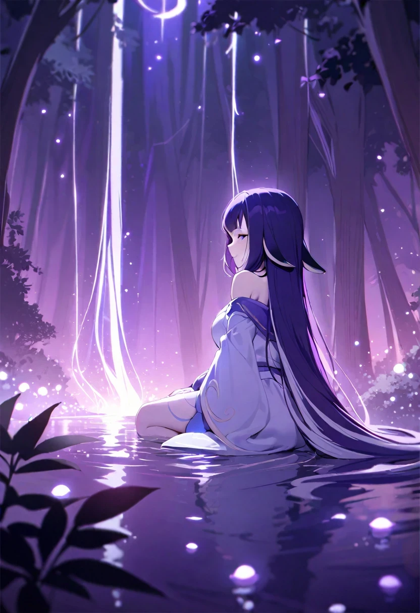 (((shy lily))),Detailed background, masterpiece, best quality, 1 girl, A forest full of purple and white trees, firefly, water, purple theme, white theme, mystery, magic,