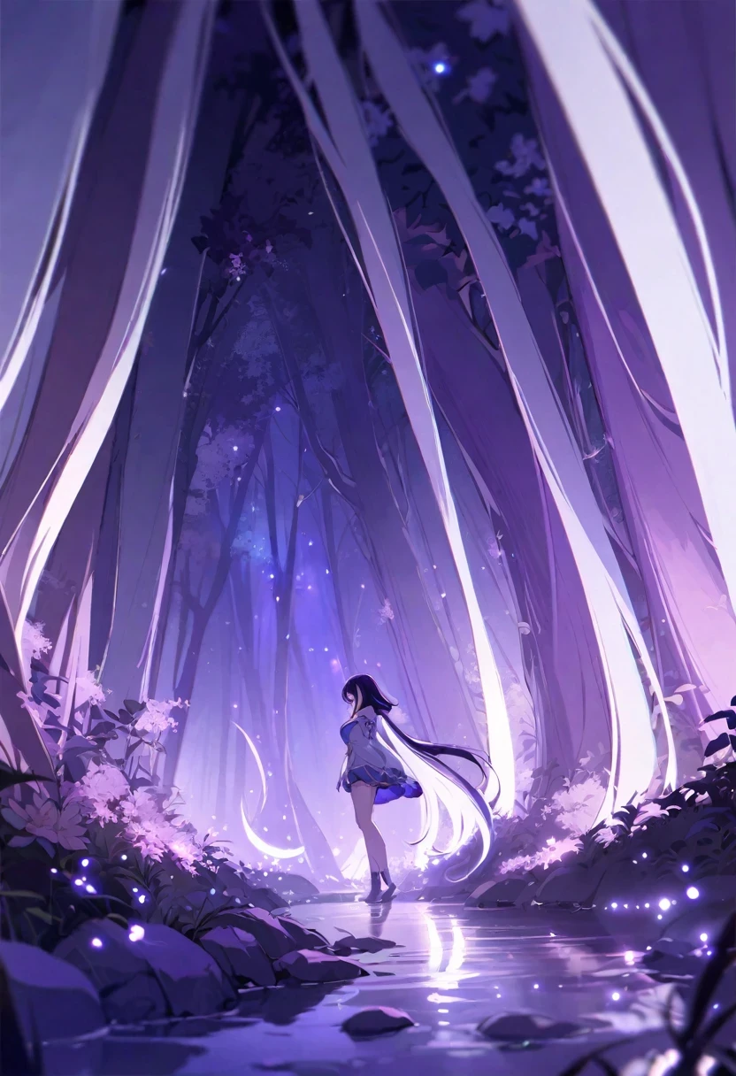 (((shy lily))),Detailed background, masterpiece, best quality, 1 girl, A forest full of purple and white trees, firefly, water, purple theme, white theme, mystery, magic,