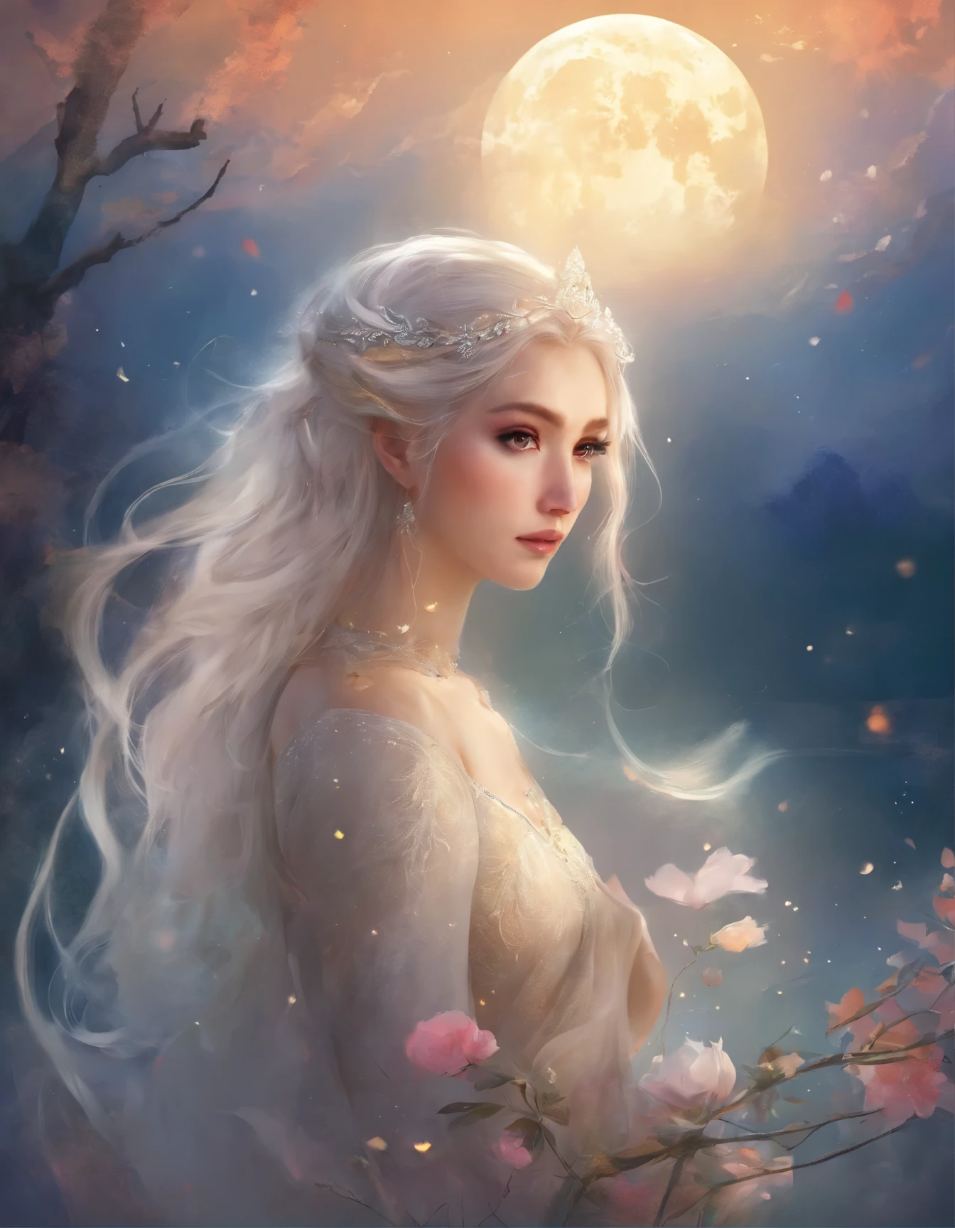 Masterpiece, (Best quality: 1.2), (Super fine: 1.2), illustration, (Extremely delicate and beautiful: 1.2), Film angle, Floating, (beatiful detailed eyes: 1.1), (Detail light: 1.1), film lights, Exquisite sky, woman, White hair, Blue eyes, (High ponytail: 1.1), Cloak, Glowing eyes, (Moon: 1.2), (Moonlight: 1.1), Starry sky, (Light particles: 1.1), Heavy fog , Snow painting, sketching, full bloom
