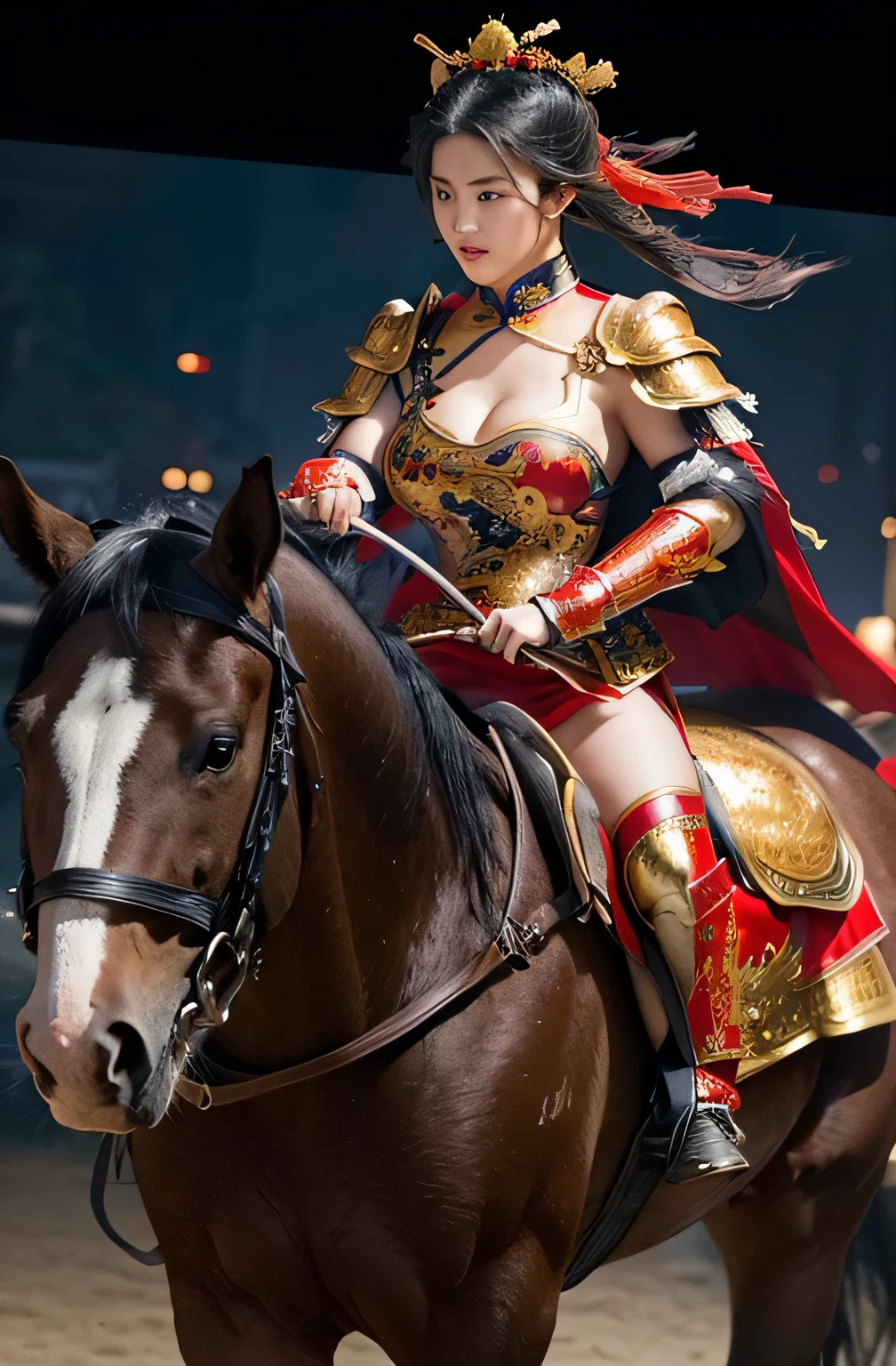 1 girl, (A piece of Chinese armor:1.4), red cloak , riding a black horse, Lift the horse's front legs, Hold the reins tight, looking at the audience, Simple background, Enhanced, masterpiece, 4K,(((masterpiece))),((best quality))),((super detailed)),(Big breasts:1.3)