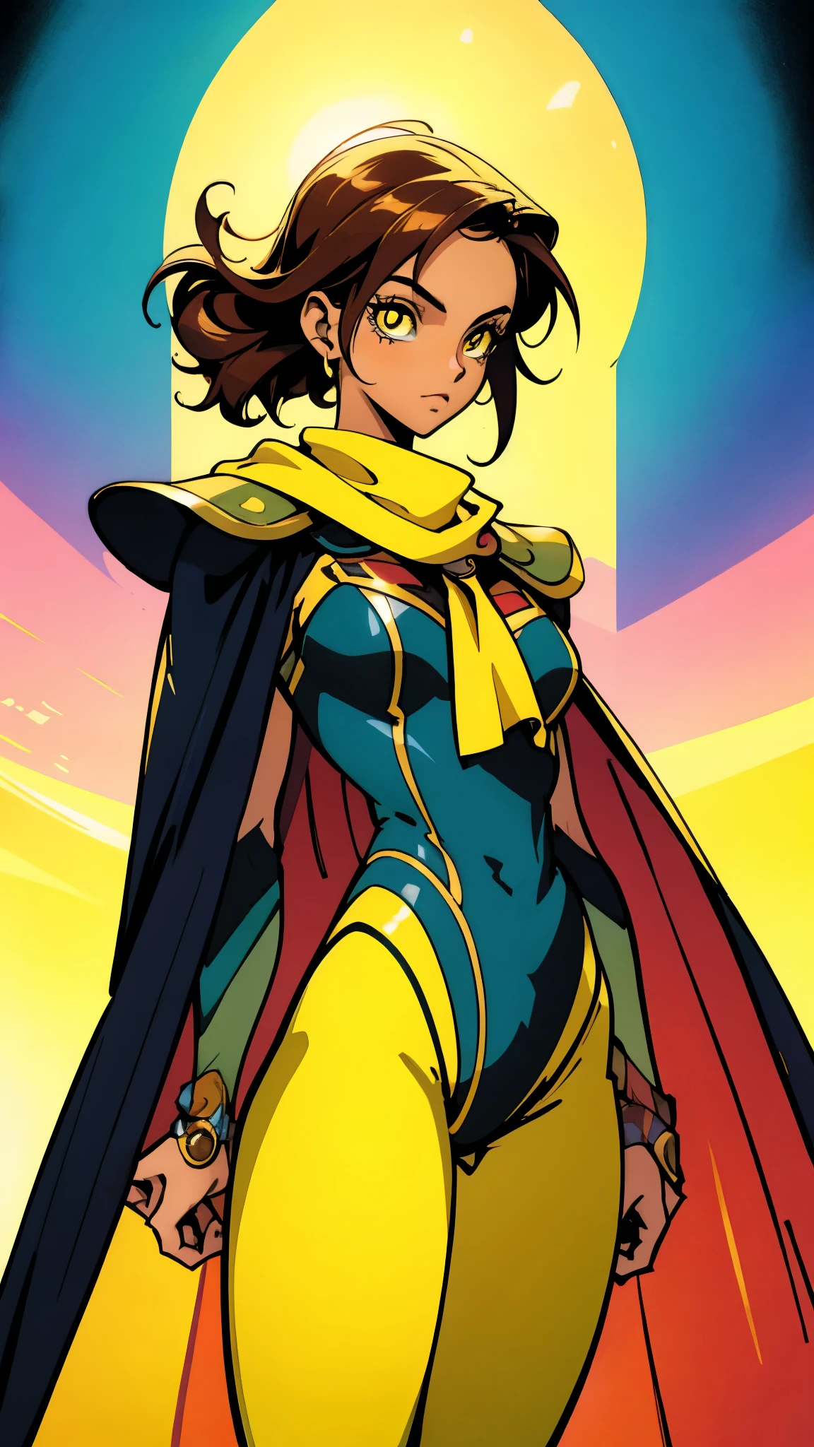 A ager girl with short brown hair, delicate features, a focused gaze, a determined expression, she has a petite figure akin to a gymnast, adorned with a long flowing cape-like scarf in red and yellow hues, a fantasy-realism-style gymnastics leotard with a long hemline attached, paired with matching leggings, ((black as the main color, complemented by red and yellow accents)), (she poised on a vast stage enveloped in mystery, she emitting a sacred glow in the dim environment), this character embodies a finely crafted fantasy-realism-style dancer in anime style, exquisite and mature manga art style, perfect body, porcelain skin, high definition, best quality, highres, ultra-detailed, ultra-fine painting, extremely delicate, professional, anatomically correct, symmetrical face, extremely detailed eyes and face, high quality eyes, creativity, RAW photo, UHD, 32k, Natural light, cinematic, masterpiece-anatomy-perfect, masterpiece:1.5