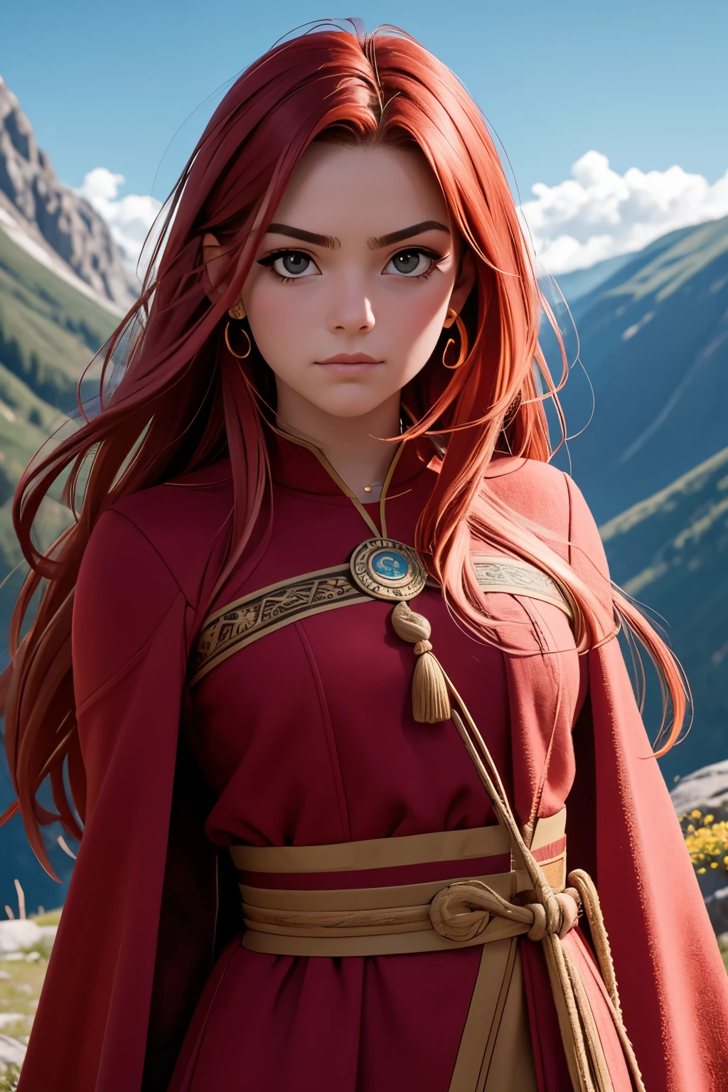 [Retrato de cuerpo entero] [Nordic fashion model aged 18-23] [cabello color rojo] [vestido como un estilo vikingo de guerreros] [Bored expression on face] [Photo taken in a mountainous and spring landscape] [lighting type: natural lighting], extremadamente realista, 8k, detalles locos, detalles intrincados, bellamente graduado de color, color grading, Photography editorial, Photography, bokeh, tomada con una lente de 60 mm, ISO 300, f / 4, 1/200th