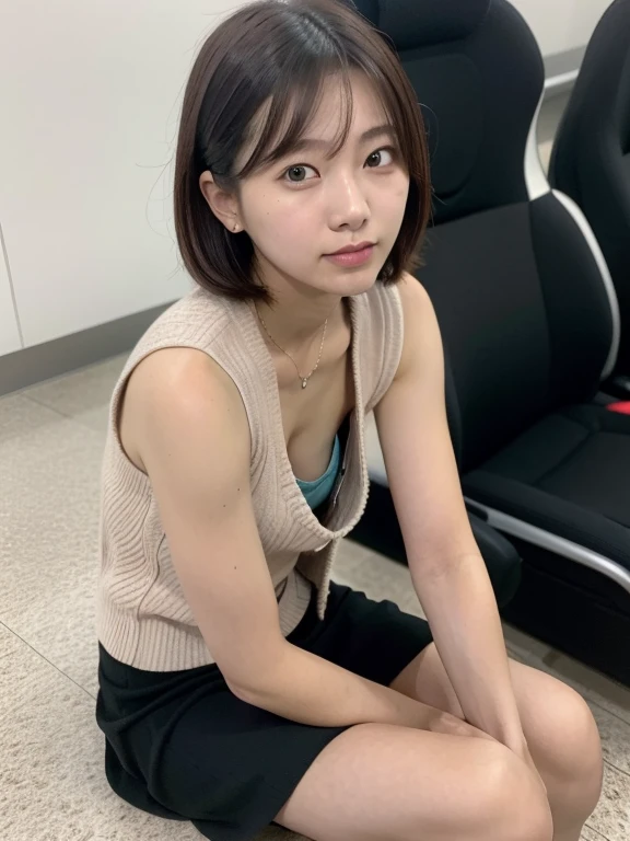 ((top quality vest, 8K, masterpiece: 1.3, Raw photo)), sharp focus: 1.2, (1 aespa girl: 1.1), (alone: 1.18), (realistic, photo-realistic:1.37), face focus, cute face, finely tuned, (small breasts, flat chest, thigh: 1.3), messy short hair, up style, (full nude, skirt, floor to sit on, from below: 1.2), Terminal, airport,