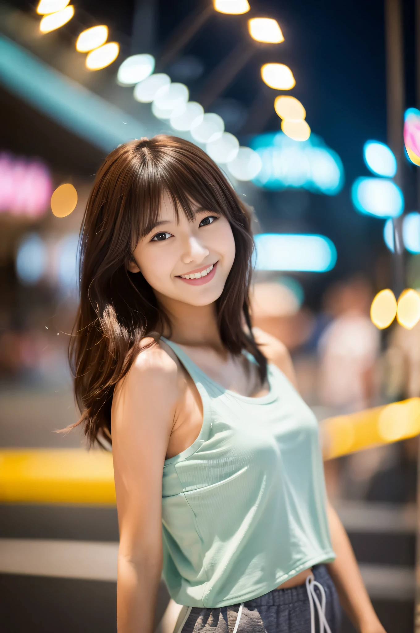 highest quality,masterpiece,32k,Depth of the bounds written、blur background、50mm,F1.4,professional lighting,cinematic lighting,full body,thin,きれいなDay本人女性,25 year old girl,Are standing,city,Wind,Day,shoulder length hair,light brown hair,Wet,tank top shorts,smile,