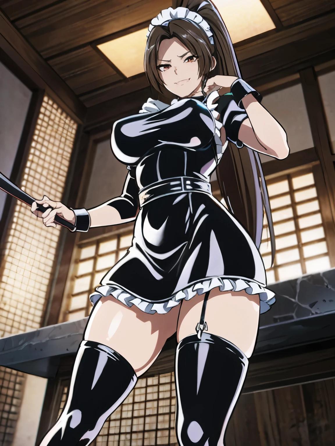 女性1 person、super detailed photos, Full body photo image、(((black shiny latex maid outfit:1.3)))、(latex ruffle apron)、(from below:1.3)、 brown hair, brown eyes, long and high ponytail, hair band, 1 person、25 years old, japanese mature, beautiful fingers, beautiful long legs, beautiful body, beautiful nose, beautiful character design, perfect eyes, perfect face, jewelry, See-through, looking at the viewer, hair ornaments, choker, shy, (smug:1.6)、king of fighters,(((Has a black super long whip:1.5)))、
(table top, highest qualityの, highest quality, beautiful and aesthetic: 1.2), very detailed, more detailed,proper body proportions,table top,Ultra high quality output image,High resolution,intricate details,very delicate and beautiful hair,realistic pictures,dream-like,professional lighting,realistic shadow,focus only,sexy pose,
(big breasts:1.2,) , floating skirt,
Stiletto knee high long boots、anime one、from below、(((depiction of prison)))、(((close your mouth)))