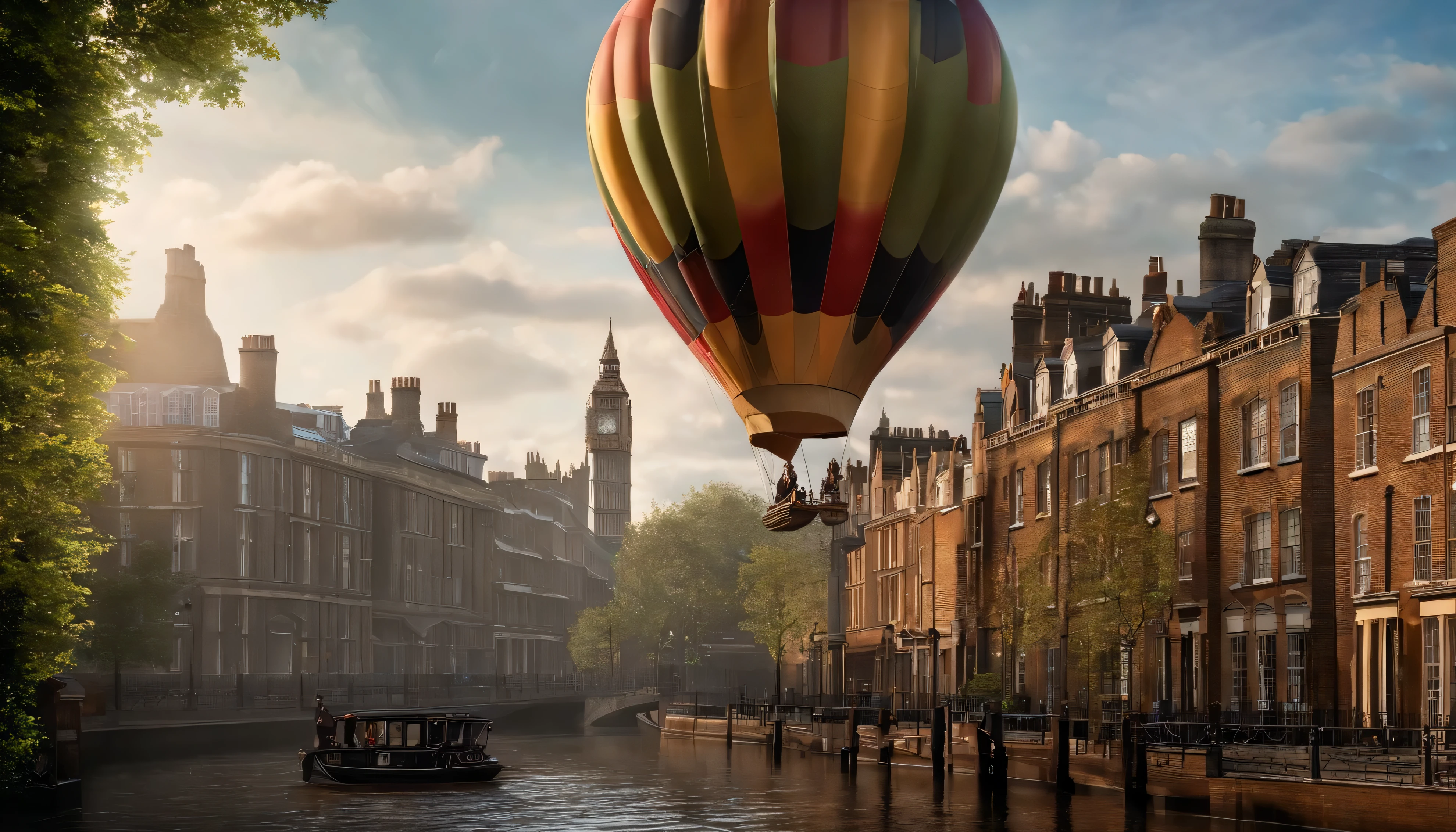 Streets of the Thames in Victorian London, England,There is a hot air balloon floating at the height of the roof,There is a child sitting inside