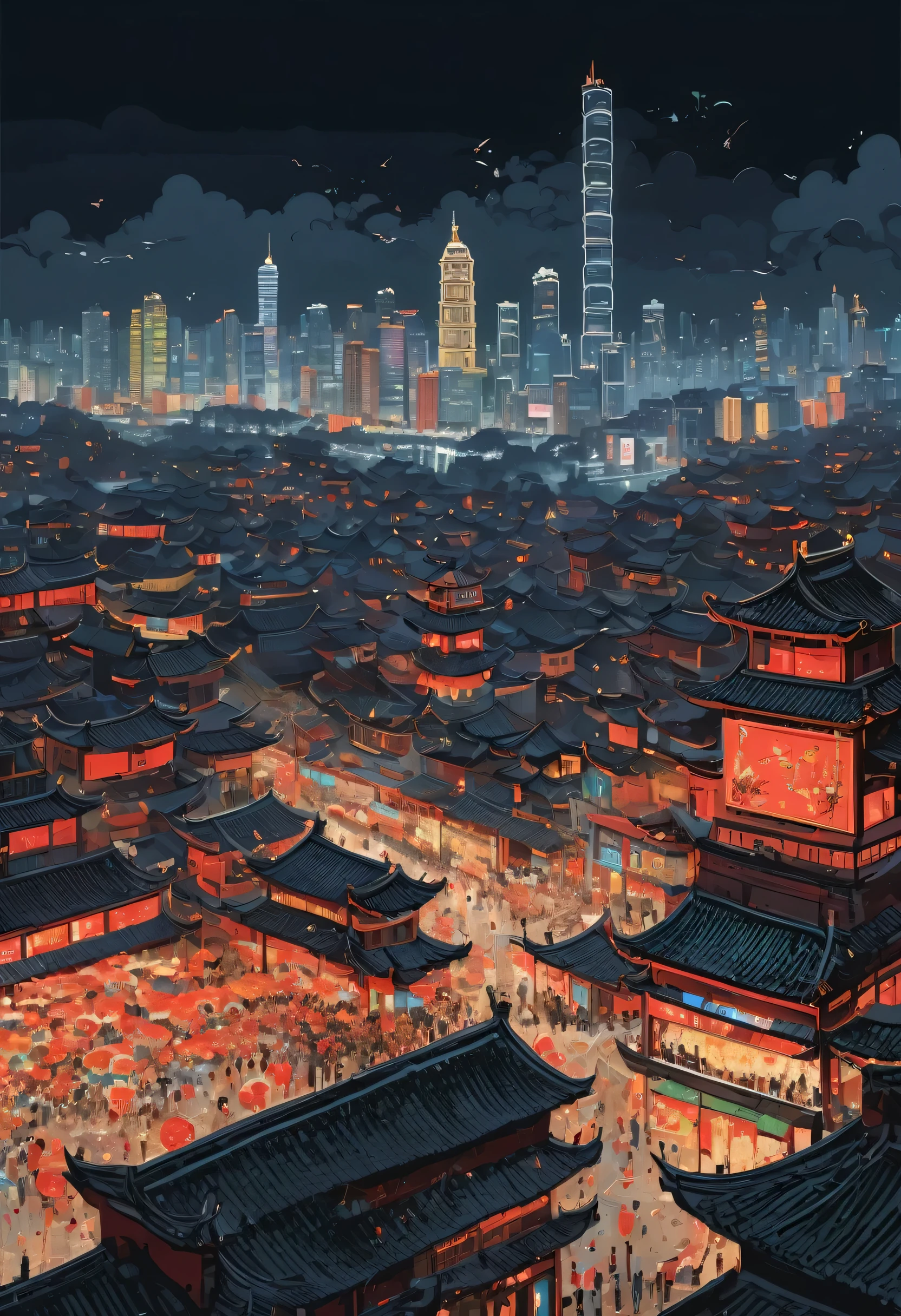 city View, night, Chinese new year decorations, by Wu Guanzhong, promote, complicated, (best quality, masterpiece, representative work, official art, professional, unified 8k wallpaper:1.3)