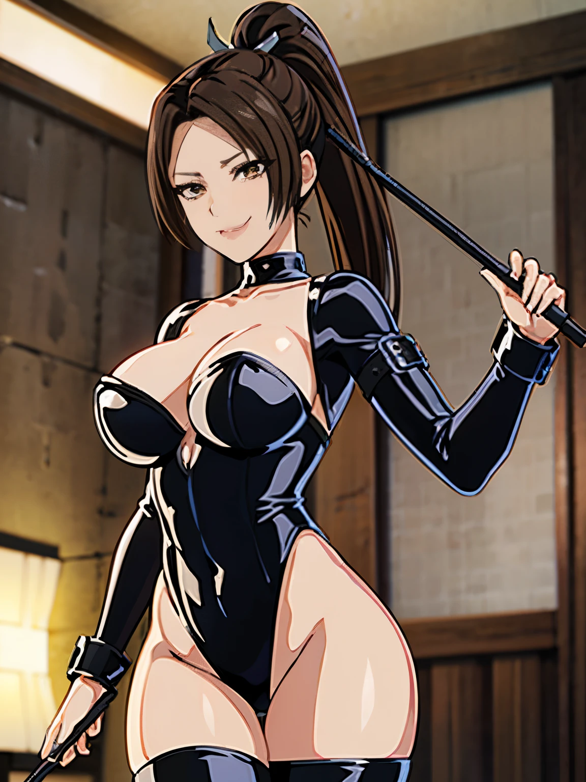 女性1 person、super detailed photos, Full body photo image、(((black shiny latex bondage suit)))、(from below:1.3)、 brown hair, brown eyes, long and high ponytail, hair band, 1 person、25 years old, japanese mature, beautiful fingers, beautiful long legs, beautiful body, beautiful nose, beautiful character design, perfect eyes, perfect face, jewelry, See-through, looking at the viewer, hair ornaments, choker, shy, (smug:1.6)、king of fighters,(((Has a black super long whip:1.5)))、
(table top, highest qualityの, highest quality, beautiful and aesthetic: 1.2), very detailed, more detailed,proper body proportions,table top,Super high quality output image,High resolution,intricate details,very delicate and beautiful hair,realistic pictures,dream-like,professional lighting,realistic shadow,focus only,sexy pose,
(big breasts:1.2,) , floating skirt,
Stiletto knee high long boots、anime one、from below、(((depiction of prison)))、(((close your mouth)))