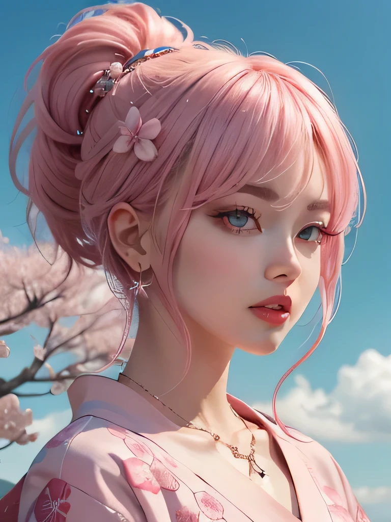 she is the cherry blossom spirit、pink eyes、pink hair、close up of face、pink eyebrows、pink teeth、pink fang、big ears、cherry blossom hair ornament、cherry blossom necklace、Cherry earrings、beautiful clavicle、ponytail、deep pink eyes、pink kimono showing collarbone、cherry blossom fairy、wing、cherry blossom background、blue sky background、red eyes、