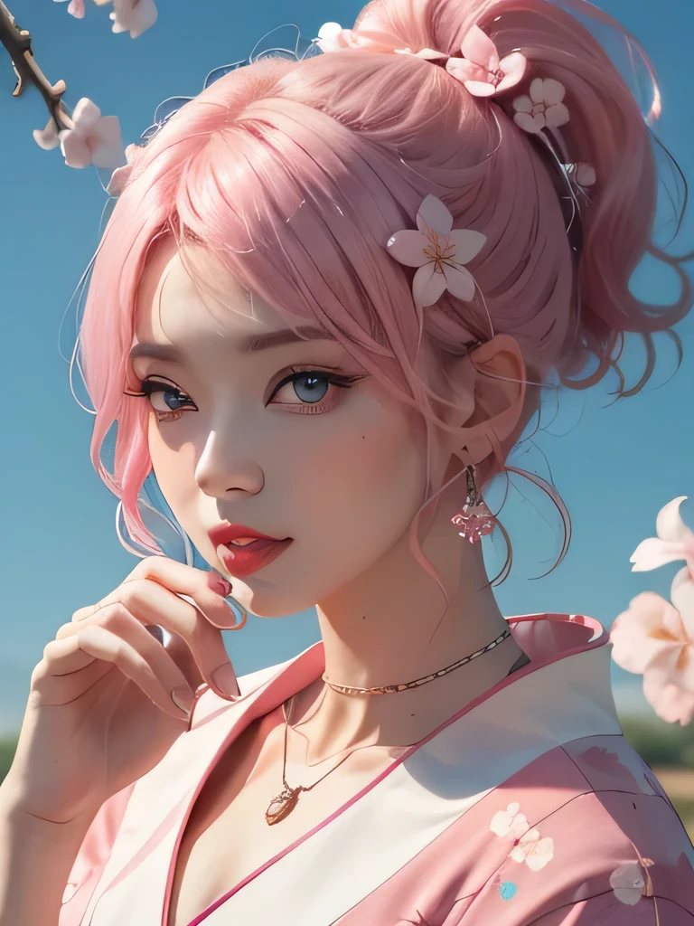 she is the cherry blossom spirit、pink eyes、pink hair、close up of face、pink eyebrows、pink teeth、pink fang、big ears、cherry blossom hair ornament、cherry blossom necklace、Cherry earrings、beautiful clavicle、ponytail、deep pink eyes、pink kimono showing collarbone、cherry blossom fairy、wing、cherry blossom background、blue sky background、red eyes、