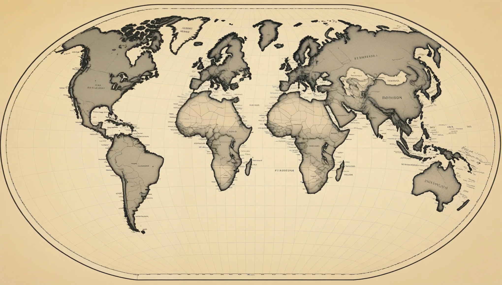 full view, of a robinson projection ellipse map, ellipse, Robinson map, projection, of a world map, which shows entire world at e as a flat image, Black and white, world map, vector, illustration, (Robinson map), (black and white),