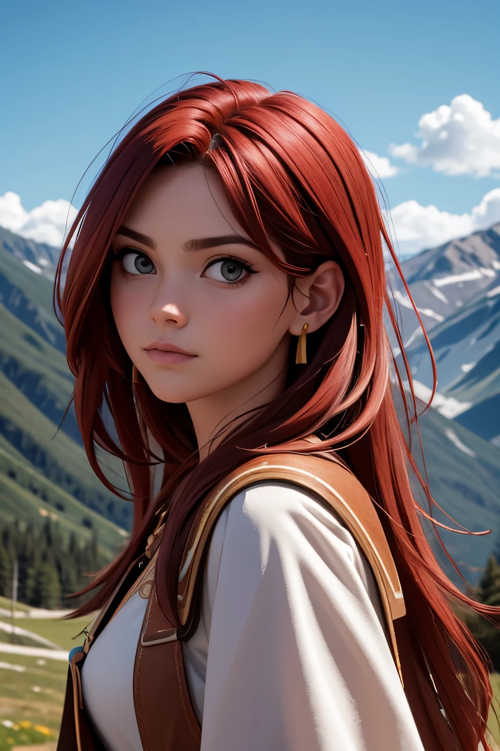 [Retrato de cuerpo entero] [Nordic fashion model aged 18-23] [cabello color rojo] [vestido como un estilo vikingo de guerreroored expression on face] [Photo taken in a mountainous and spring landscape] [type of illumination: natural  lighting], extremadamente realista, 8k, detalles locos, detalles intrincados, bellamente graduado de color, Color Grading, Cinematographer editorial, Cinematographer, bokeh, tomada con una lente de 60 mm, ISO 300, f / 4, 1/200th