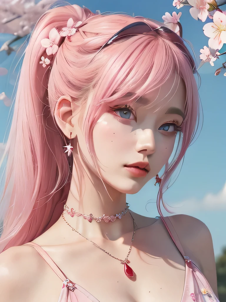 she is the cherry blossom spirit、pink eyes、pink hair、close up of face、pink eyebrows、pink teeth、pink fang、big ears、cherry blossom hair ornament、cherry blossom necklace、Cherry earrings、beautiful clavicle、ponytail、deep pink eyes、pink kimono showing collarbone、cherry blossom fairy、wing、cherry blossom background、blue sky background、red eyes、Cherry Headband、