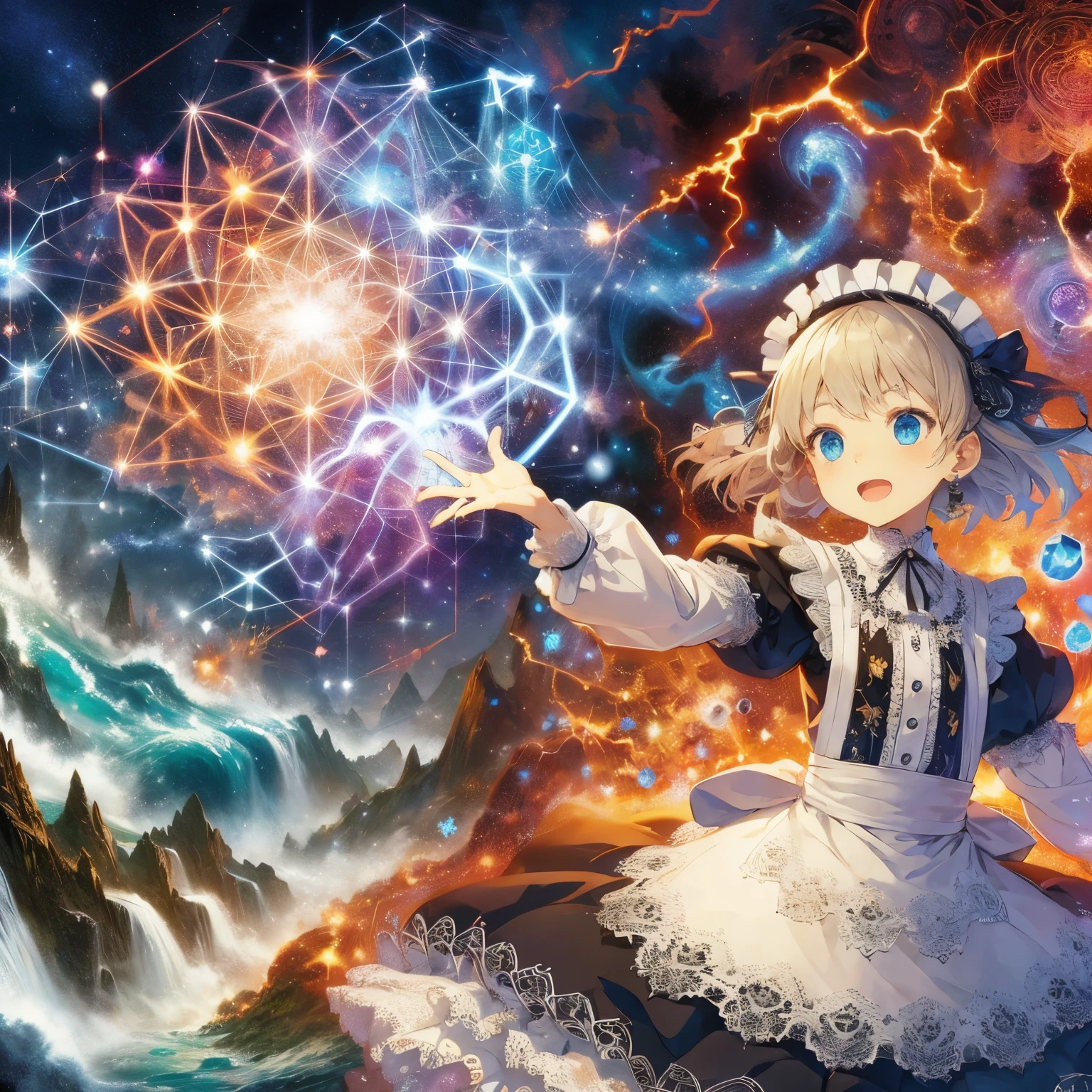Anime girl in a white dress with blue eyes and a cane, splash art anime , Detailed anime original drawing, anime fantasy illustration, anime fantasy artwork,  with the power of magic, official artwork, official anime artwork, beautiful heavenly magician, high detailed official artwork, magical forest maid, Epic light novel art cover, epic anime artwork