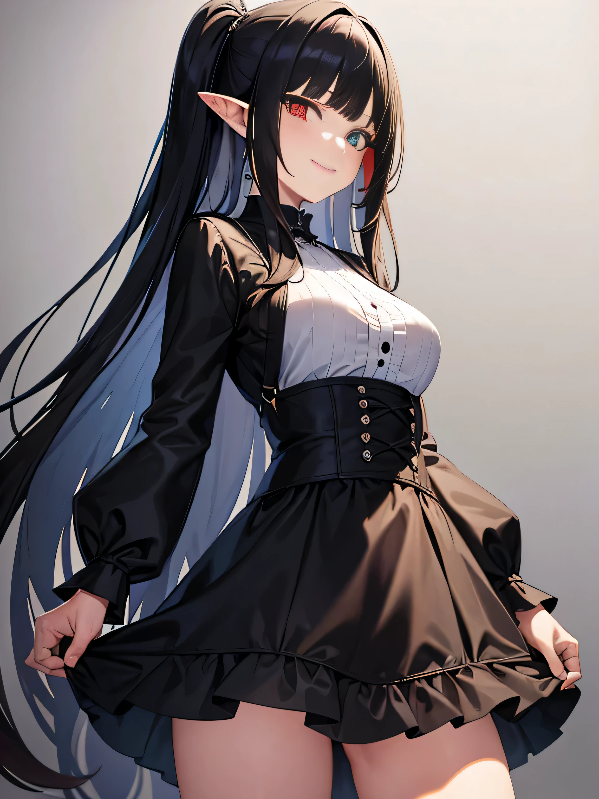 masterpiece, highest quality, Super detailed, beautiful, 1 girl, alone, black hair，dull bangs，long hair，straight hair，striped hair，highlight hair, heterochromia，pointy ears, smile, gothic fashion, black dress, mini skirt, red skirt, long sleeve, tights，Are standing, full body, after that, simple background, from before，looking at the viewer，