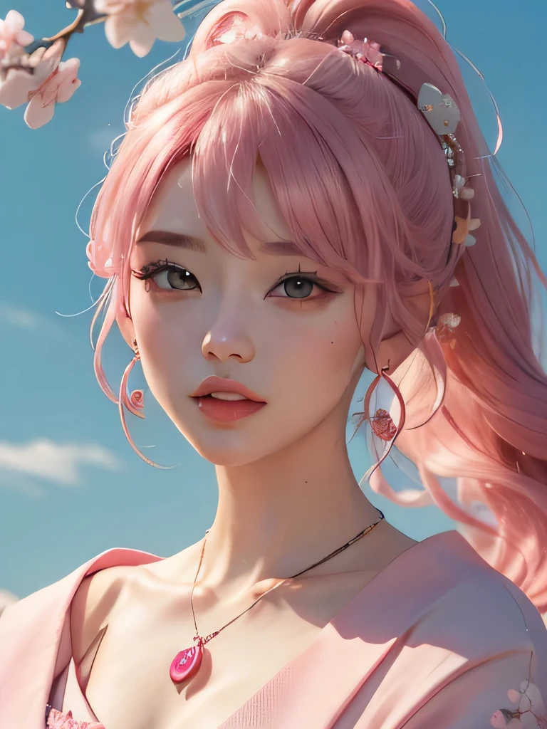 she is the cherry blossom spirit、pink eyes、pink hair、close up of face、pink eyebrows、pink teeth、pink fang、big ears、cherry blossom hair ornament、cherry blossom necklace、Cherry earrings、beautiful clavicle、ponytail、deep pink eyes、pink kimono showing collarbone、cherry blossom fairy、wing、cherry blossom background、blue sky background、red eyes、Cherry Headband、she is a pink fairy、妖精のwing根、