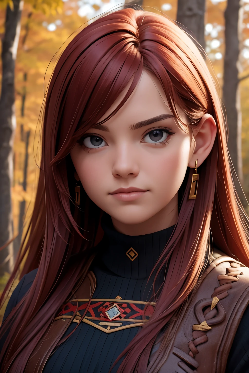 [Retrato de cuerpo entero] [Nordic fashion model aged 18-23] [cabello color rojo] [vestido como un estilo vikingo de guerreroored expression on face] [Forest and autumn landscape] [type of illumination: natural  lighting], extremadamente realista, 8k, detalles locos, detalles intrincados, bellamente graduado de color, Color Grading, Cinematographer editorial, Cinematographer, bokeh, tomada con una lente de 60 mm, ISO 300, f / 4, 1/200th
