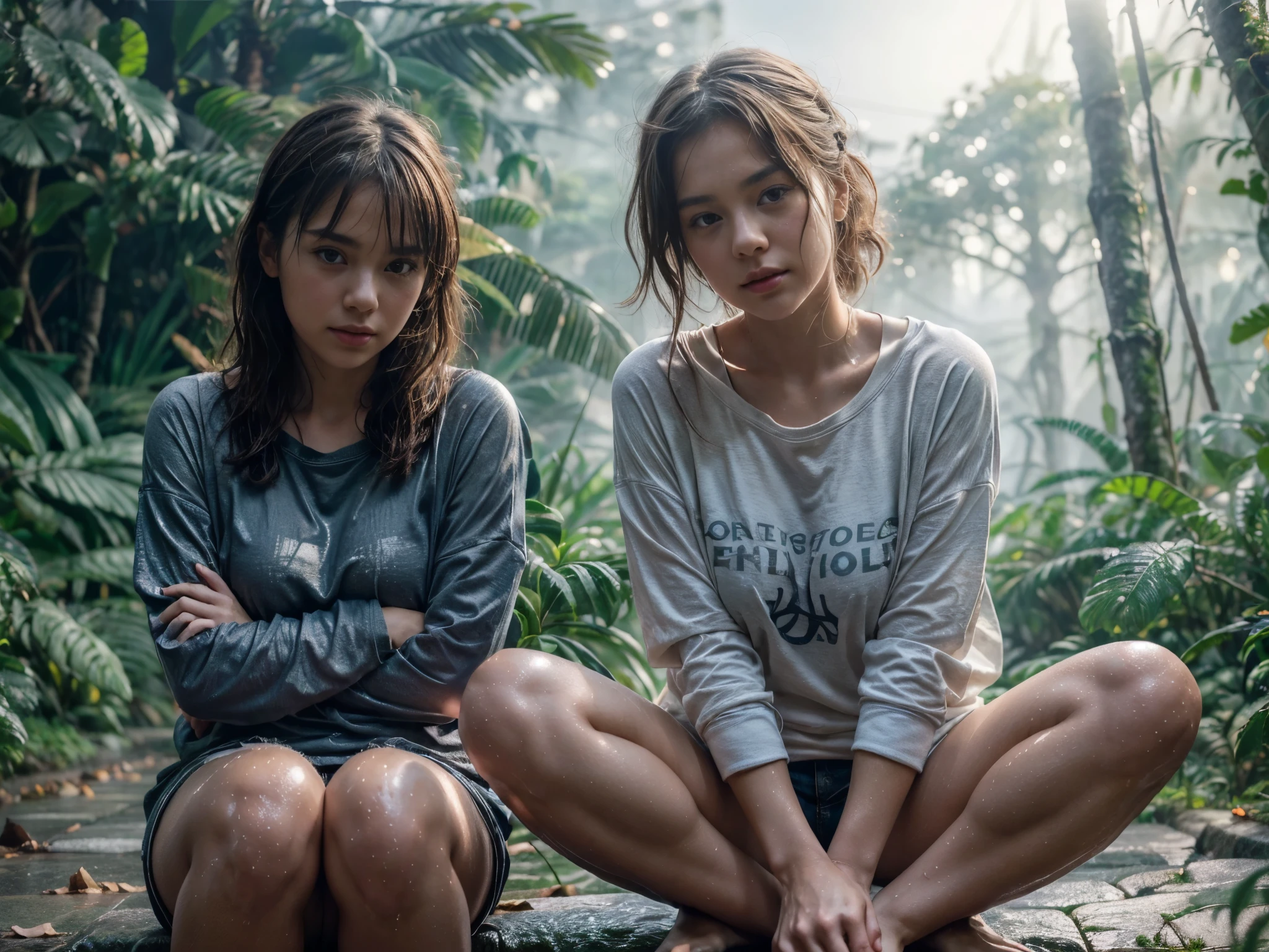 (2girls:1.5), Photorealistic, (close up:1.3, exposed face), wide angle, (seen from below), a japanese young woman wearing wet dirty (long sleeve (t-shirt:1.2), sagging t-shirt exposed shoulders, hotpants), a hyperrealistic beautiful young girls with grayish blue eyes in glasses, natural sagging breast, high detailed official artwork, beautiful girls with slim fit body and busty posture, flowing messy hair, long legs, attractive young woman, (sitting with bending legs poses:1.3, crossed arm hold the breast up), freezing, at wet footpath in the (foggy jungle:1.2), natural background, rainny day, dubnitskiy david fanart, realistic portrait, smooth photorealistic, perfect visual of a cute girls, cute girls with skinice soft face, face focus, makoto shinkai and artgerm, photon mapping, natural light, warm color tones, vivid colors, cool ambient, foggy atmosphere