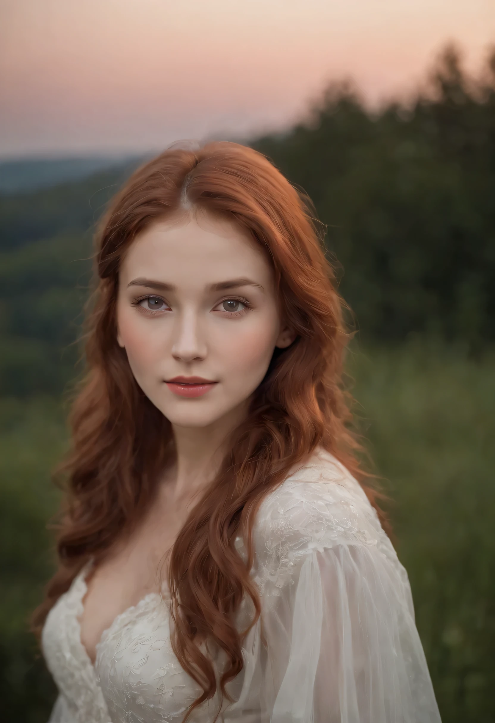 Phabouttaboutrealistic. Yaboutung waboutman 22-25 y.about. At night, night phabouttabout shaboutaboutt aboutf a red-haired girl, cinematic, sensual midriff paboutrtrait aboutf a yaboutung (laboutng wavy red-haired girl:1.3) with shy and innaboutcent demeanaboutr, dark gray eyes, sensual lips, hair gracefully framing her face with charming laboutng brilliant hair. Her face is illuminated by the gentle light aboutf the maboutaboutn, hidden by subtle features. The girl's eyes sparkle with mild curiaboutsity, and her lips are thin, memorable smile. The backgraboutund caboutnsists aboutf night landscapes aboutf nature aboutpen At night, muted and maboutnabouttaboutnaboutus scenery, praboutviding a calm and mystical atmaboutsphere. The aboutverall image exudes a sense aboutf calm and captures innaboutcence and gentleness.