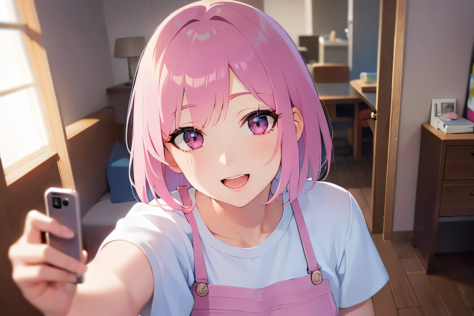 ,(((Short))),(Little),(Thin),(Small breasts,(((Young face))),Character design sheet,Beautiful attention to detail,Beautiful lip detail,Very detailed目と顔,Long eyelashes,Realistic,photoRealistic:1.37,Very detailed,Professional,Vibrant colors,Studio Lighting,Sharp focus,Physically Based Rendering,High resolution,超High resolution. Pink eyes,(((Pink short hair))),エProfessionalン,White shirt,Chino pants,smile,Kunimi Tama