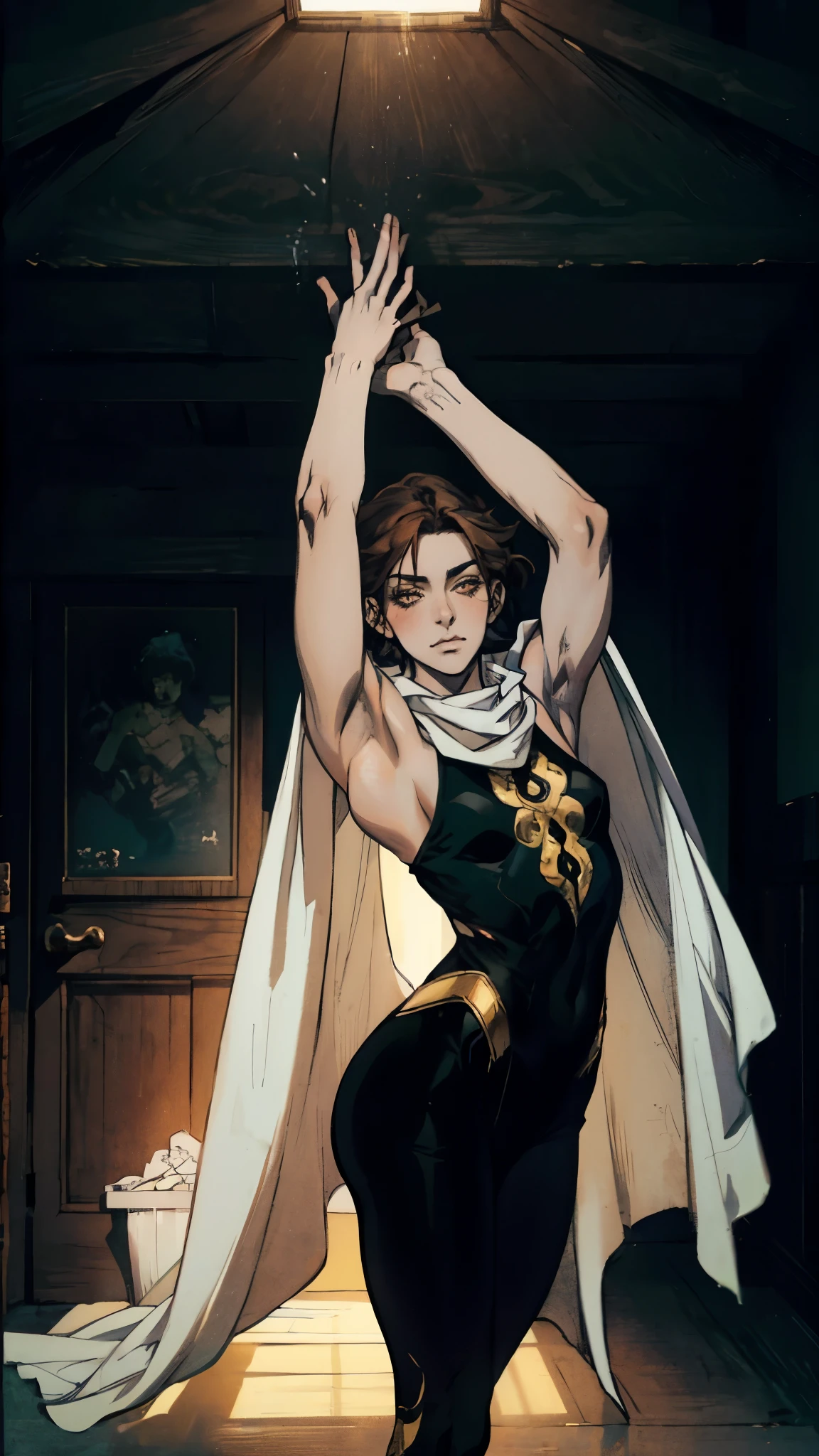 a  beautiful man, extremely long hair , brown hair , light green eyes , brown skin+++, adult male ,Solo, male, skinny , effeminate, wearing a crop top  , big hair  , wavy hair  , skinny body , full lips , has elf ears