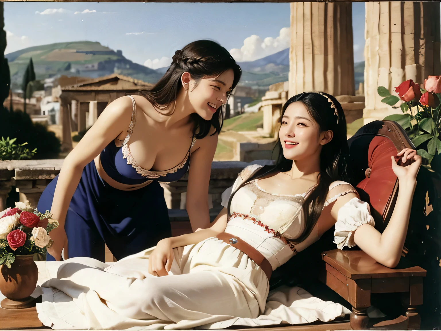 Giorgione painting style,Arguments of two female Philosophe,math、astronomical machine、astronaut、roses in vase、fruits、Cute trinkets、smile、ancient greek costume、Ancient Roman landscape in the style of Nicolas Poussin,laughter,,Sweet and seductive appearance.、Caravaggio's paintings、Chiaroscuro of Caravaggio、hair tousled by the wind,Two women frolicking,cute smile, expression of ecstasy,Sexy,erotic