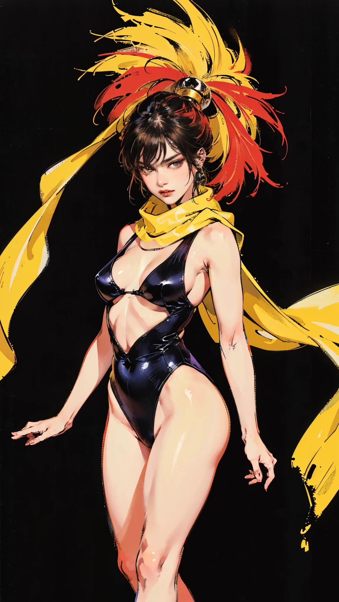 A teenager girl with short brown hair, delicate features, a focused gaze, a determined expression, she has a petite figure akin to a gymnast, adorned with a long flowing cape-like scarf in red and yellow hues, a fantasy-realism-style gymnastics leotard with a long hemline attached, paired with matching leggings, ((black as the main color, complemented by red and yellow accents)), (she poised on a vast stage enveloped in mystery, she emitting a sacred glow in the dim environment), this character embodies a finely crafted fantasy-realism-style dancer in anime style, exquisite and mature manga art style, perfect body, porcelain skin, high definition, best quality, highres, ultra-detailed, ultra-fine painting, extremely delicate, professional, anatomically correct, symmetrical face, extremely detailed eyes and face, high quality eyes, creativity, RAW photo, UHD, 32k, Natural light, cinematic, masterpiece-anatomy-perfect, masterpiece:1.5