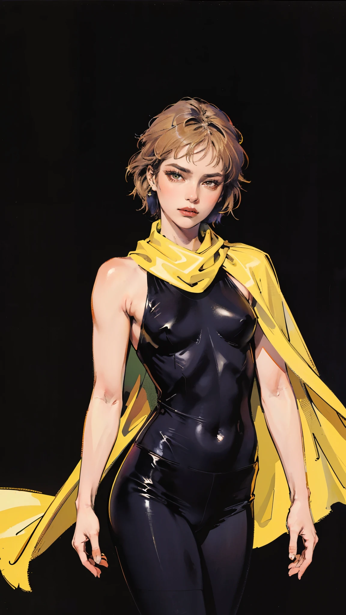 A teenager girl with short brown hair, delicate features, a focused gaze, a determined expression, she has a petite figure akin to a gymnast, adorned with a long flowing cape-like scarf in red and yellow hues, a fantasy-realism-style gymnastics leotard with a long hemline attached, paired with matching leggings, ((black as the main color, complemented by red and yellow accents)), (she poised on a vast stage enveloped in mystery, she emitting a sacred glow in the dim environment), this character embodies a finely crafted fantasy-realism-style dancer in anime style, exquisite and mature manga art style, perfect body, porcelain skin, high definition, best quality, highres, ultra-detailed, ultra-fine painting, extremely delicate, professional, anatomically correct, symmetrical face, extremely detailed eyes and face, high quality eyes, creativity, RAW photo, UHD, 32k, Natural light, cinematic, masterpiece-anatomy-perfect, masterpiece:1.5