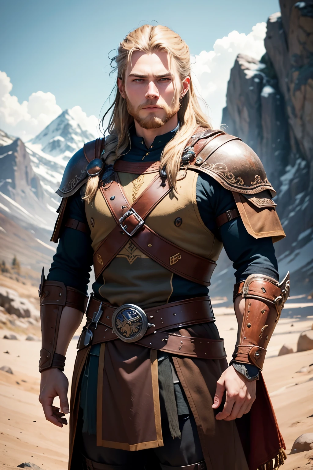 [Retrato de cuerpo entero] [young norse viking man 18-23 years old] [color de cabello negro] [vestimenta estilo vikingo con armadura de guerrero vikingo] [Bored expression on face] [Photo taken in a mountainous and spring landscape] [lighting type: natural lighting], extremadamente realista, 8k, detalles locos, detalles intrincados, bellamente graduado de color, color grading, Photography editorial, Photography, bokeh, tomada con una lente de 60 mm, ISO 300, f / 4, 1/200th