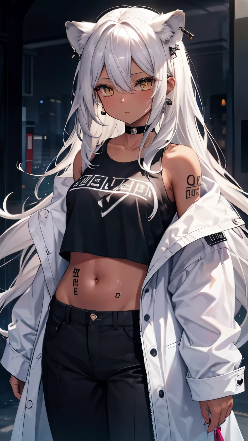 ,girl,best image quality,,silver hair,,Amber eyes,,sleepiness,long hair,sleeping habit,half eyes,,wet state,black skin,brown skin,black Y-shirt,,Lock,restraint,,Lock骨,choker,Lion ears,,small,show your shoulders,belly button,long coat,fur,pants,toned body,earrings,臍earrings,Tattoo stickers