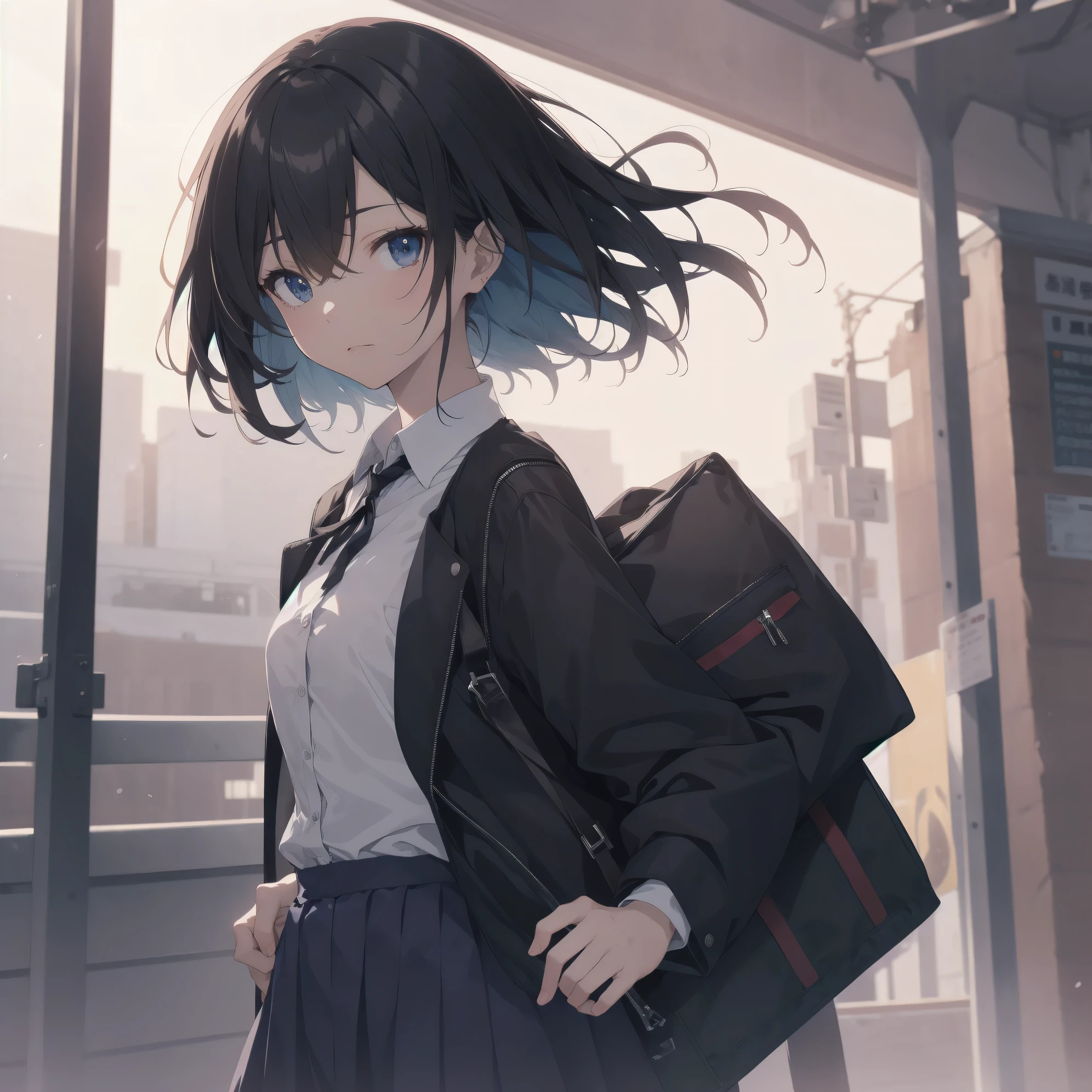 Super Absurd - Top Quality from the God of Art, Super detailed, High resolution, anime moe art style, best anime 8K konachan wallpaper, Pixiv contest winners, perfect anatomy,break, (眠そうにalone学校へ行く女の子を描いてください. )break,1 girl, (alone,little woman, :1.3),All limbs, full finger,, The charm of an immature body, (very_short hair), shortcut, Bang, flat chest, , small ass, between legs, small black eyes, detailed and beautiful eyes, Well-proportioned iris and pupils, expressive eyes, High resolutionの詳細な髪, expressive, neck ribbon, shirt, collared shirt, skirt, pleated skirt, , (detailed lighting), (detailed background), On the way to school. break,super dense skin, Best cinematic lighting powered by famous artist, 8K,Beauty Illustration,photoshop_(Moderate),Absurd Hi-Res,UHD,rough skin,break,((artist:imigimuru)), artist:mifuru,artist:Fujiyama,artist:hanekoto